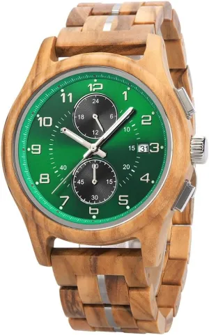 Quartz Movement Luminous Hands parallel Date Display Running Second Sub Dial Custom Engraved Back and Wood Gift Box Analog Wood Wristwatch for Anniversary Birthday Xmas Personalized Customized Mens Wooden Watch with Chronograph 