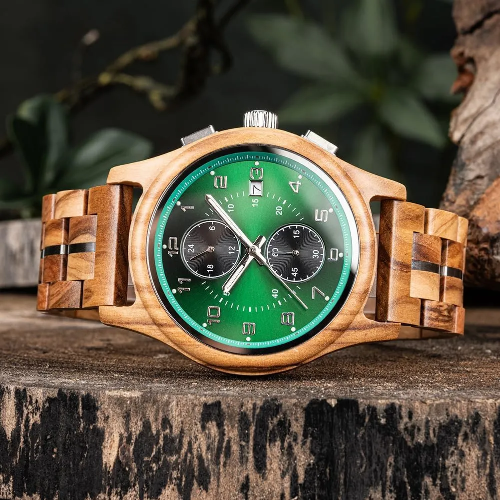 Quartz Movement Luminous Hands parallel Date Display Running Second Sub Dial Custom Engraved Back and Wood Gift Box Analog Wood Wristwatch for Anniversary Birthday Xmas Personalized Customized Mens Wooden Watch with Chronograph 