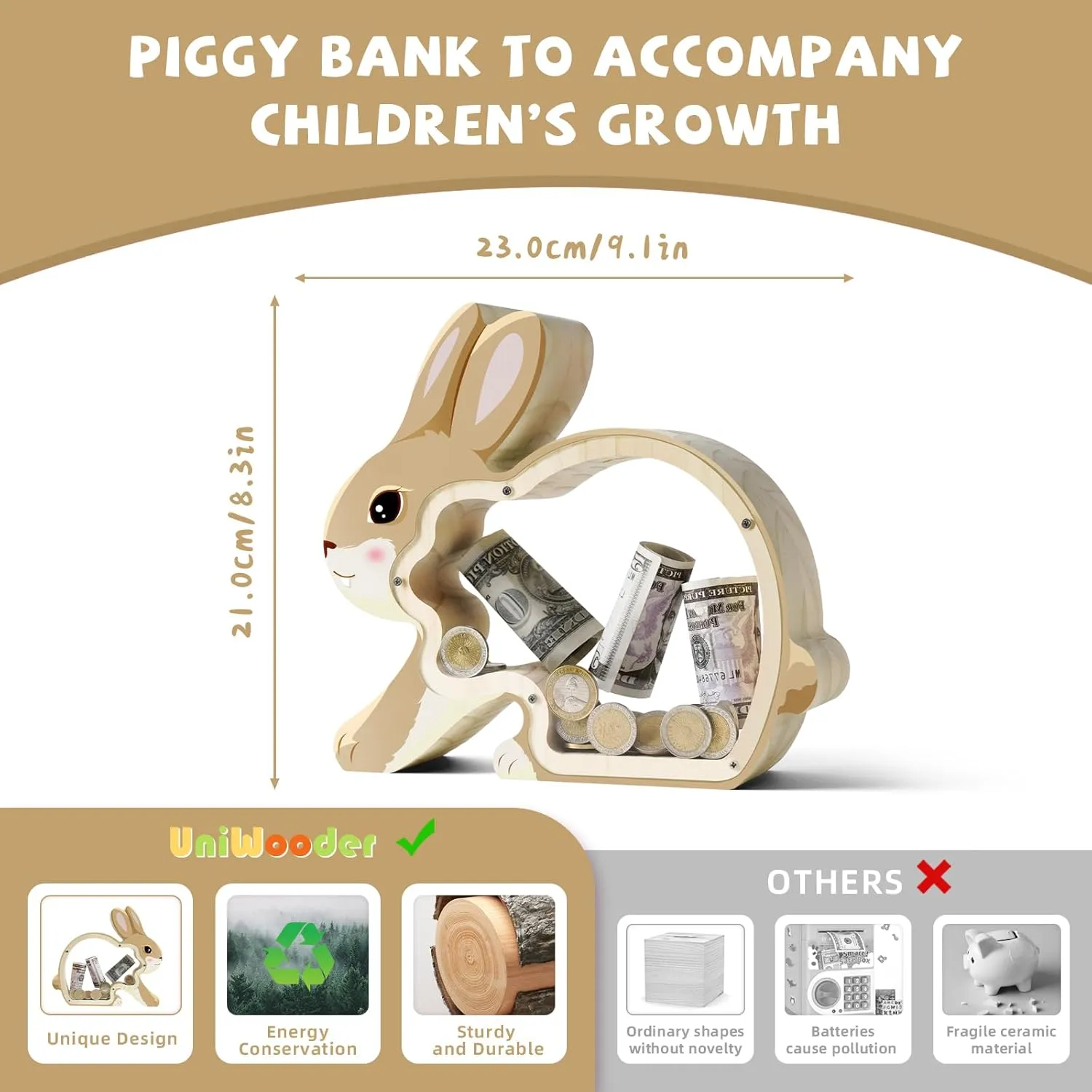 Rabbit Coin Bank for Kids with Letter Sticker, Wooden Cashbox Money Jar Personalizable Gift, Educatinal Toy embellish compulsory lacuna regulate for Boys, Girls Wooden Bunny Piggy Banks for Kids, Unbreakable 