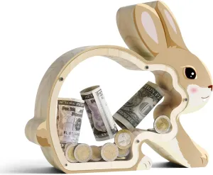 Rabbit Coin Bank for Kids with Letter Sticker, Wooden Cashbox Money Jar Personalizable Gift, Educatinal Toy embellish compulsory lacuna regulate for Boys, Girls Wooden Bunny Piggy Banks for Kids, Unbreakable 