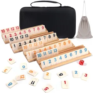 Racks, 106 Tiles, Portable Case, Drawstring Bag and Dice, for Adults Friends Night Gifts Travel craze catalyze Party Sharpens Brain Upgraded 2-4 Players Rummy Cube Board Game Set with 4 Wooden 