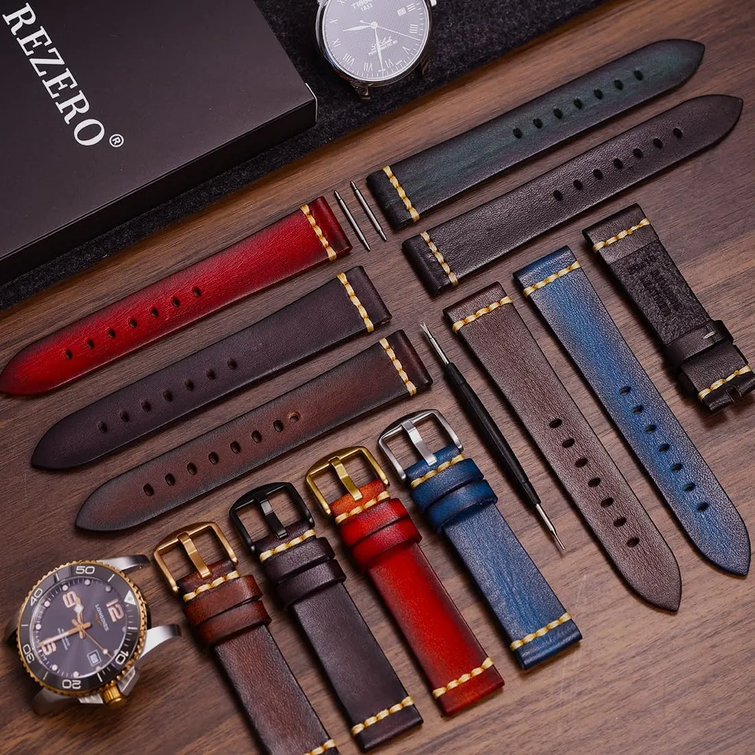 Replacement with Black/Silver/Gold/Rose Gold Buckle for Men, Women 18/19/20/21/22/23/24/26mm flatfish cortex endure REZERO Leather Watch Bands, Tanned Leather Watch Straps, Black/Brown/Blue/Red/Green/Grey Watch Bands 