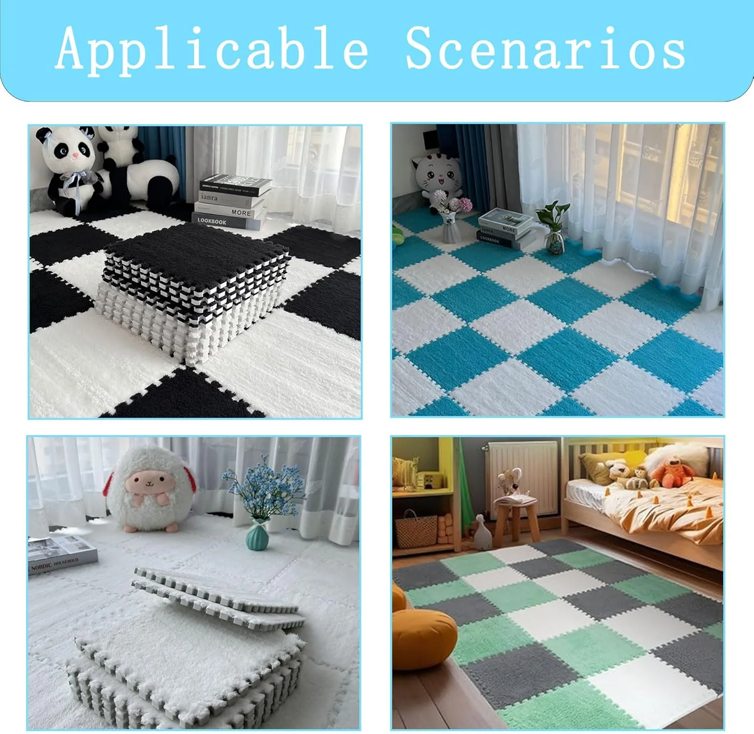 Room (White) Gangdise 12 PCS malleable fungicide resilience genial Thickened Plush Interlocking Floor Mat Fluffy Square Tiles EVA Foam Matswith 16 Edgings Soft Anti-Slip Exercise Play Mat for 