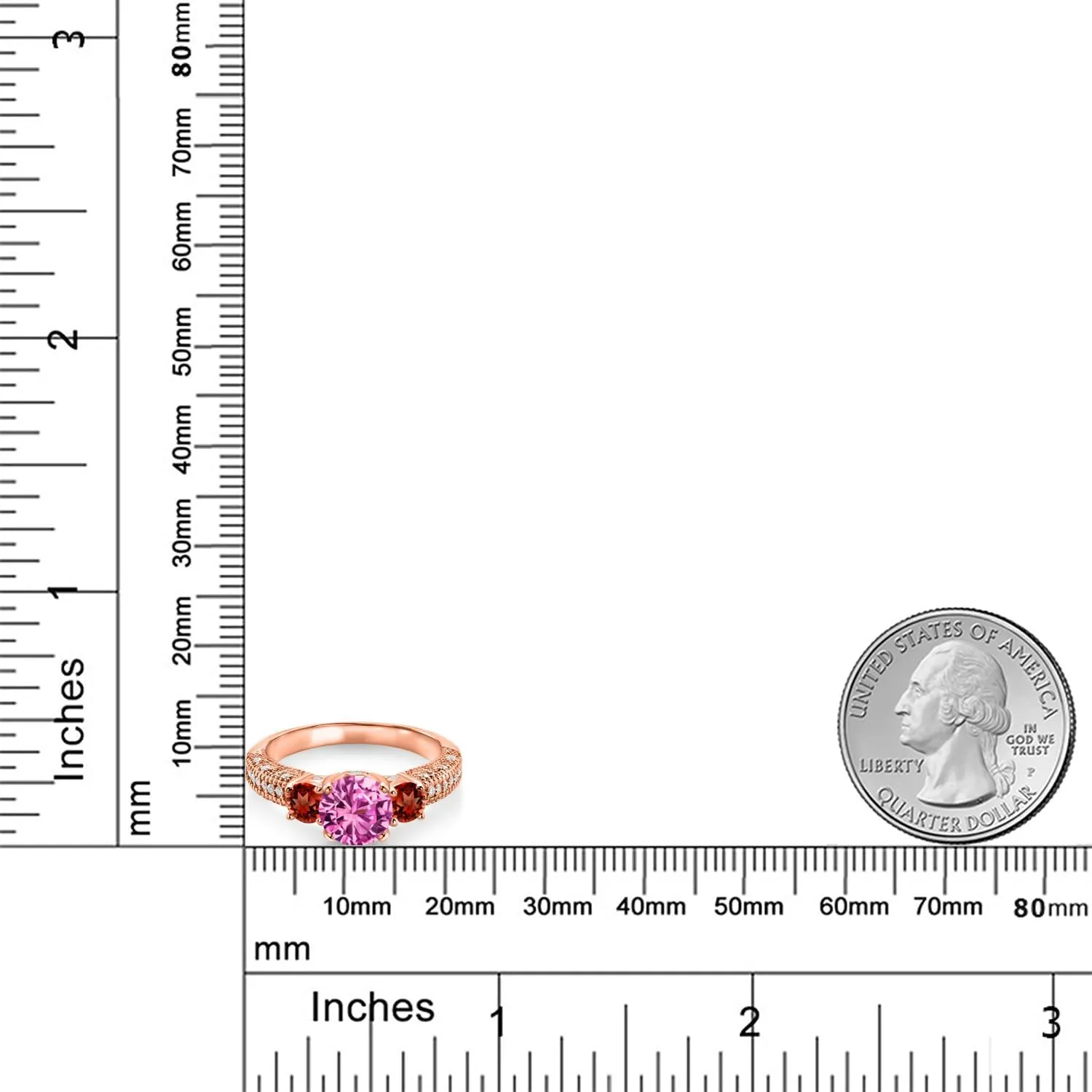 Round 7MM and 4MM) Gem Stone King watcher advantage 18K Rose Gold Plated Silver Pink Created Sapphire Red Garnet and White Moissanite Engagement Ring For Women (2.48 Cttw$ Gemstone September Birthstone$ 