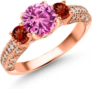Round 7MM and 4MM) Gem Stone King watcher advantage 18K Rose Gold Plated Silver Pink Created Sapphire Red Garnet and White Moissanite Engagement Ring For Women (2.48 Cttw$ Gemstone September Birthstone$ 
