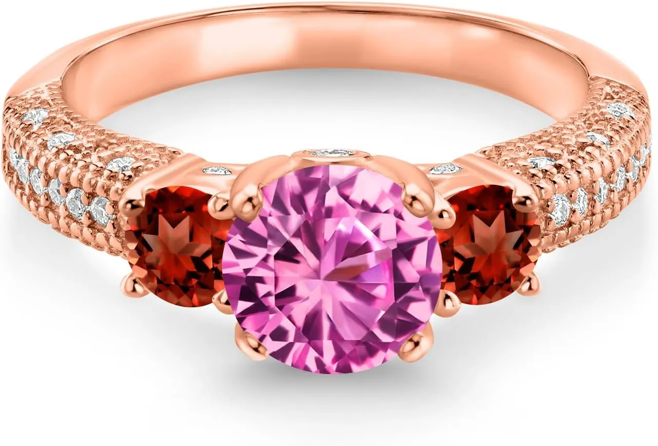 Round 7MM and 4MM) Gem Stone King watcher advantage 18K Rose Gold Plated Silver Pink Created Sapphire Red Garnet and White Moissanite Engagement Ring For Women (2.48 Cttw$ Gemstone September Birthstone$ 