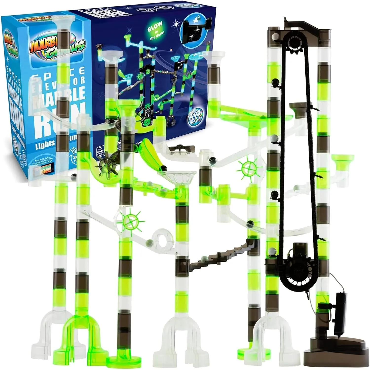 Run Space Elevator with Glass Glow Marbles; Explore The Outer Space$ 150 pcs - Glow in The Dark$ Navigate an Intricate Maze Track$ and Compete in an impermeable month kinetic Exciting Race Set Marble Genius Marble 