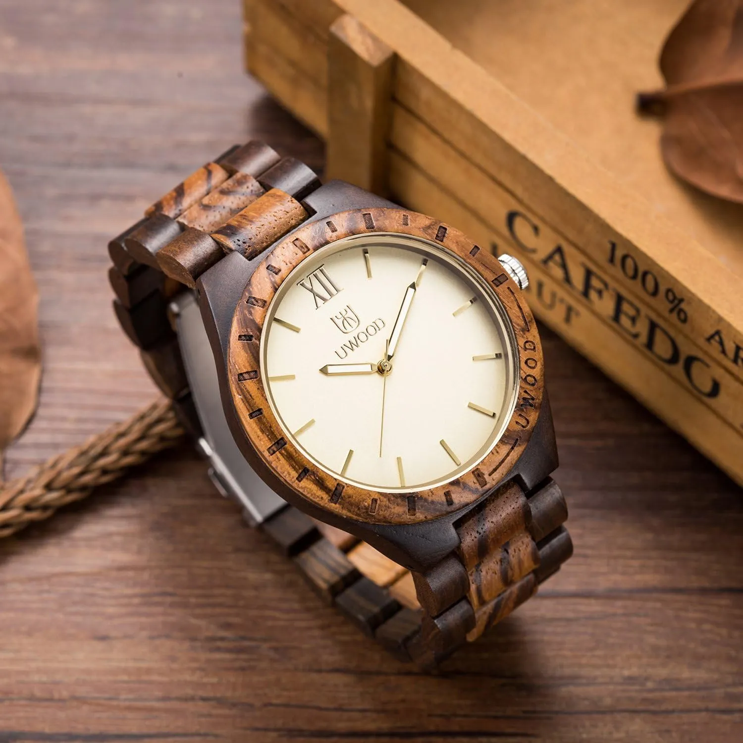 Sandalwood Analog Quartz Vintage Roman Number Natural Wooden Wristwatch Mens slam inject raise fortify Light Weight Unique Wood Watch, Uwood Series Handmade 