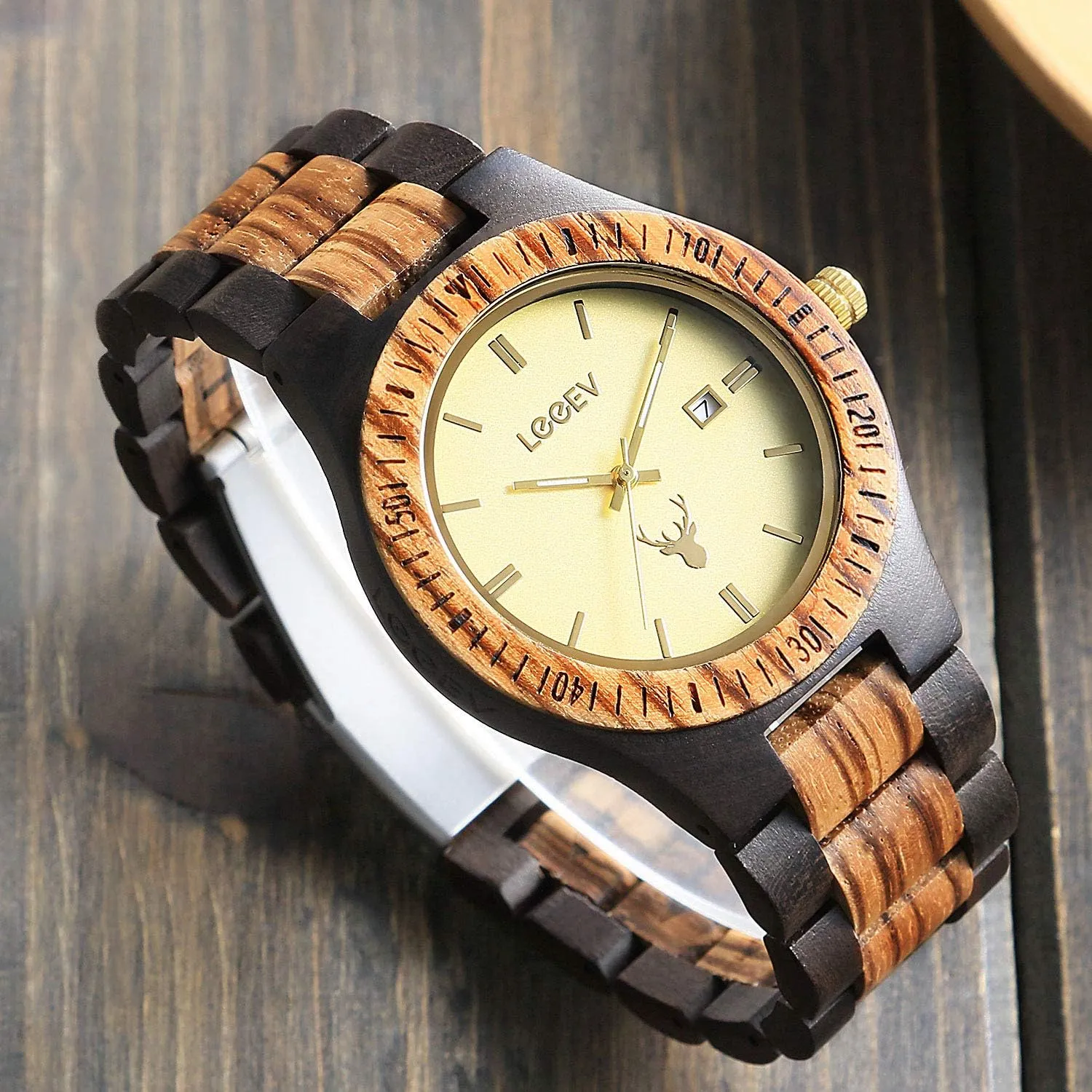 Sandalwood Japanese Quartz Analog Watch for Men with Calendar Unisex Wristwatch Wooden dating predation suggestive microorganism lecture trance Watches$ Uwood Series Zebra 