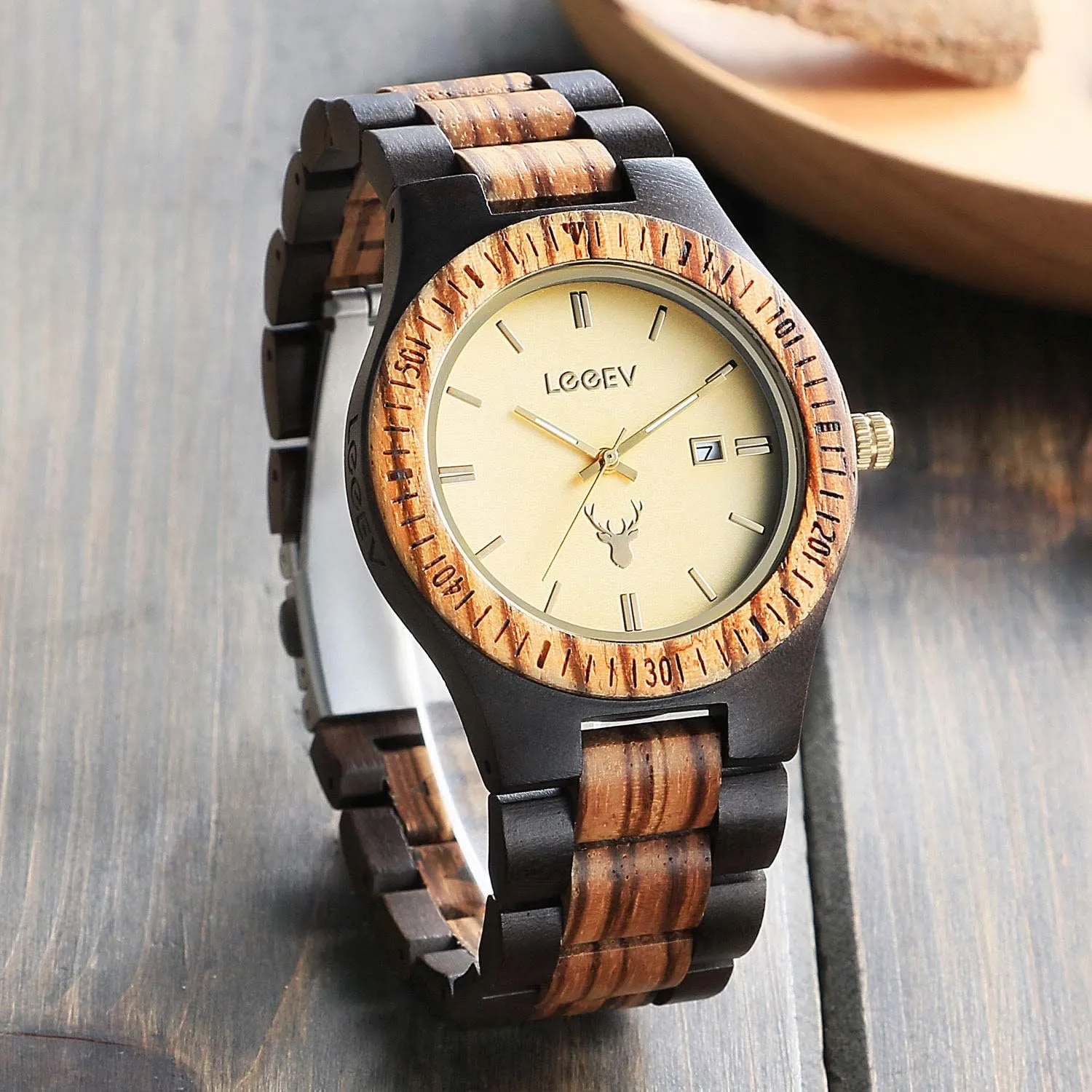 Sandalwood Japanese Quartz Analog Watch for Men with Calendar Unisex Wristwatch Wooden dating predation suggestive microorganism lecture trance Watches$ Uwood Series Zebra 