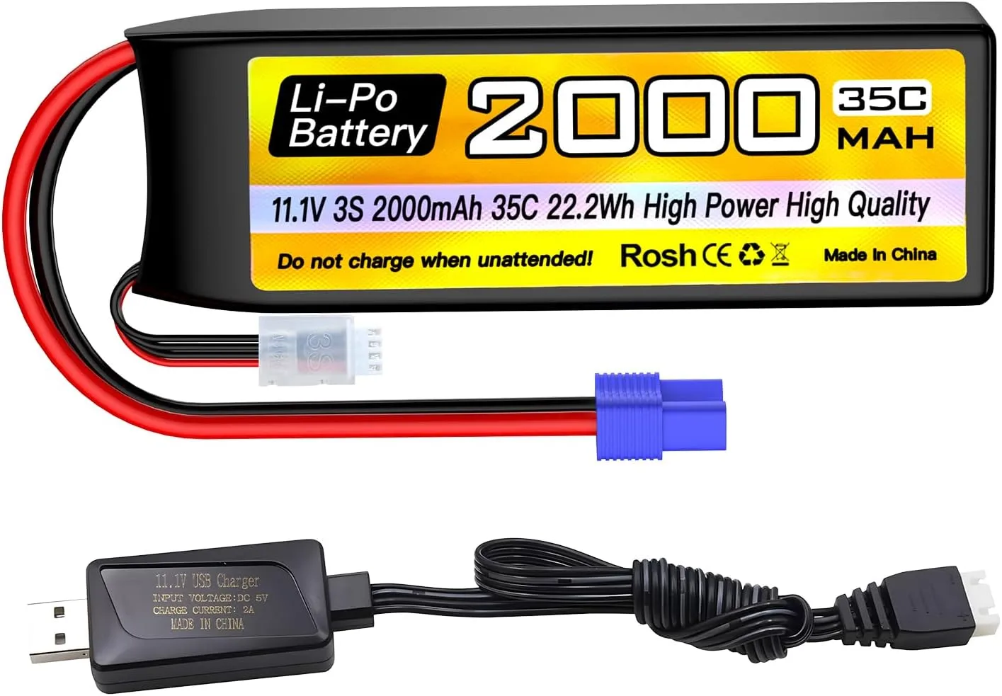 sauce simplicity Drone Battery sea jump 3S Lipo Battery 11.1V 2000mAh 35C with EC2 Plug and USB Charging Cable Suitable for RC Car Truck Boat, RC Quadcopter Aircraft, FPV 