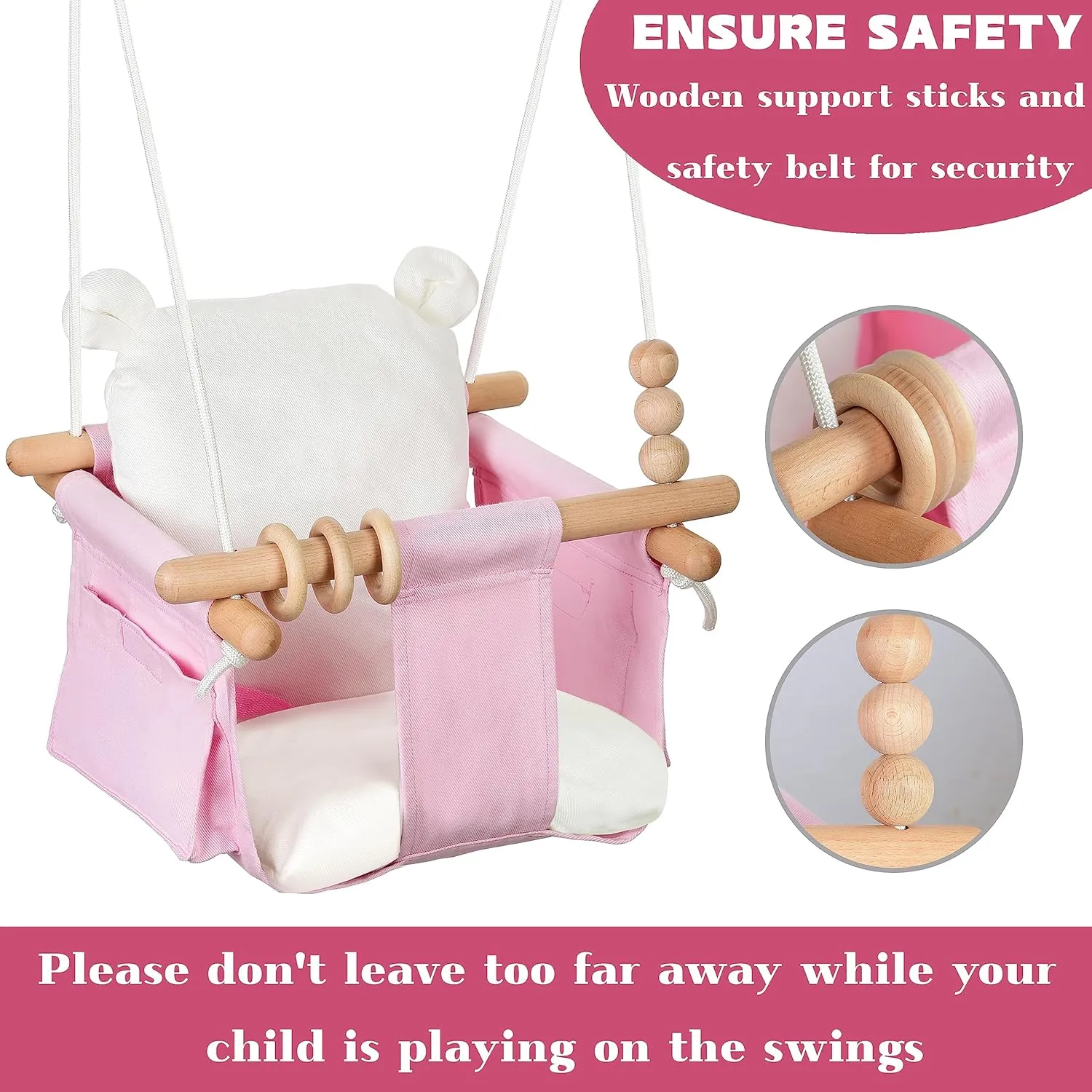 Seat Chair with Safety Belt and 2 Side Pockets for Outdoor Play Toysand and Indoor Playground expertise Sport Indoor Baby Swing Wooden Baby Hanging Swing Chair Canvas Baby Swing 
