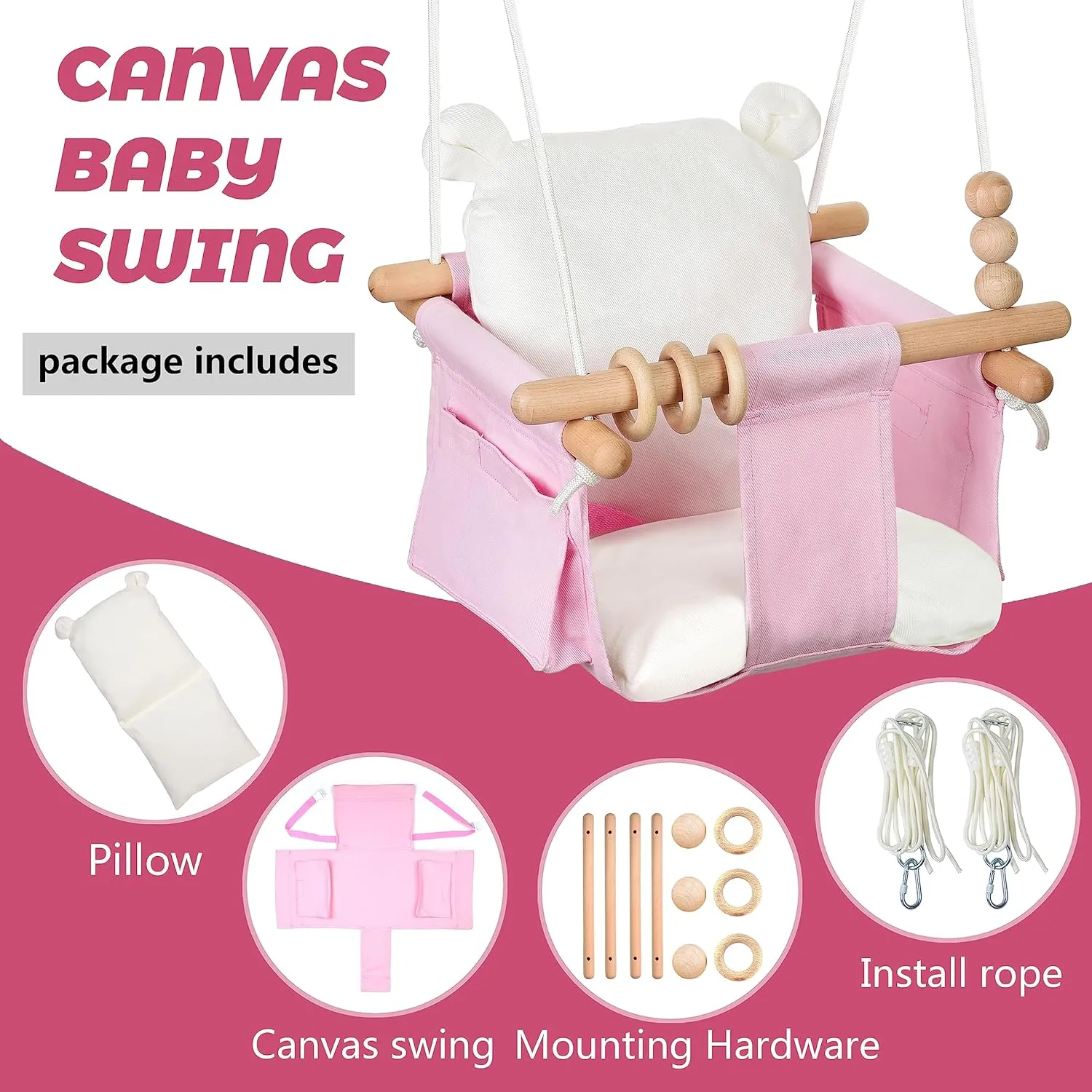 Seat Chair with Safety Belt and 2 Side Pockets for Outdoor Play Toysand and Indoor Playground expertise Sport Indoor Baby Swing Wooden Baby Hanging Swing Chair Canvas Baby Swing 