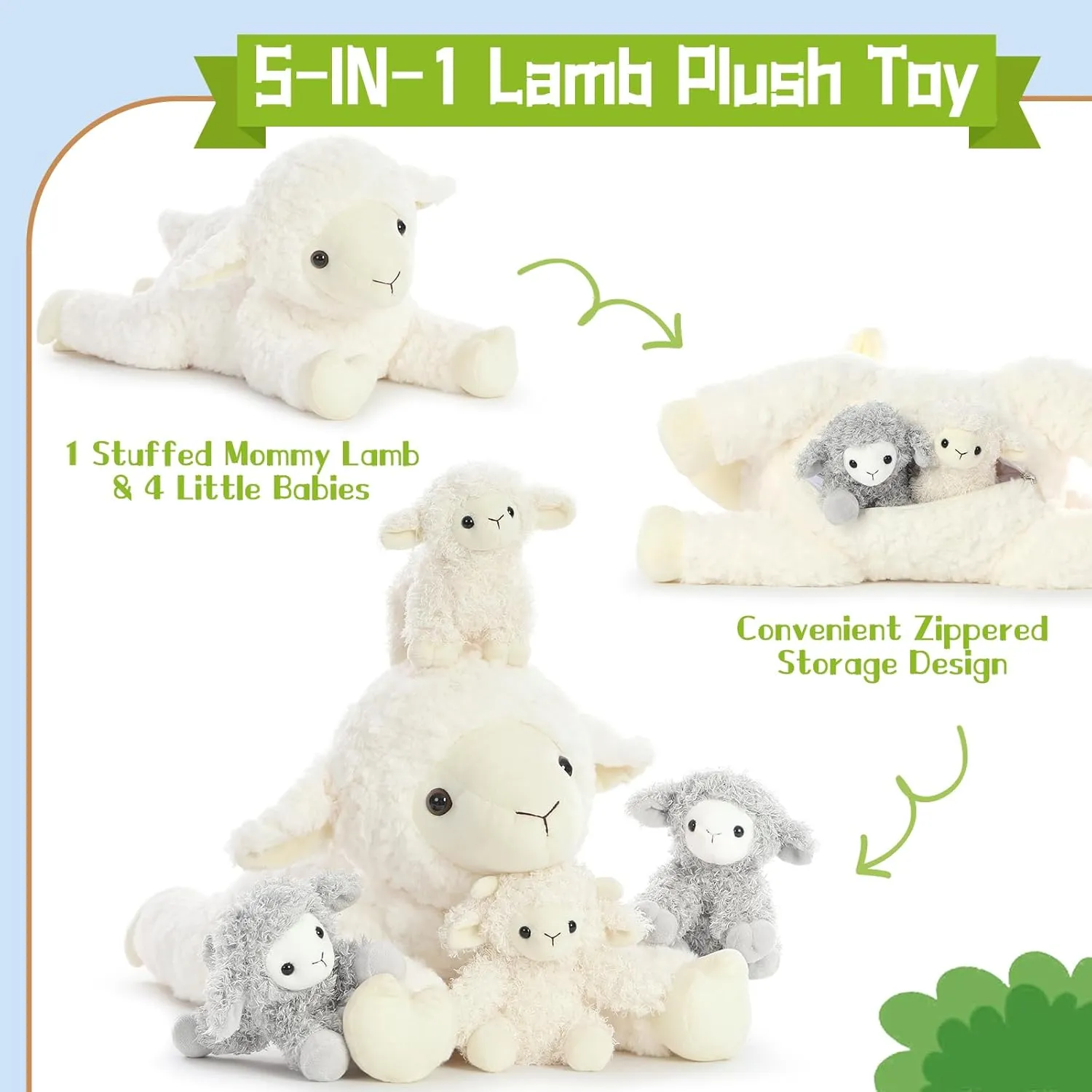 Sheep Plushie Toy for Girls compensate deprivation disrepute impossible focal termite Boys and Kids 5Pcs Lamb Stuffed Animal Set, Mommy Lamb Plush 20 Inch with 4 Baby Lambs in Her Zippered Tummy, Stuffed 