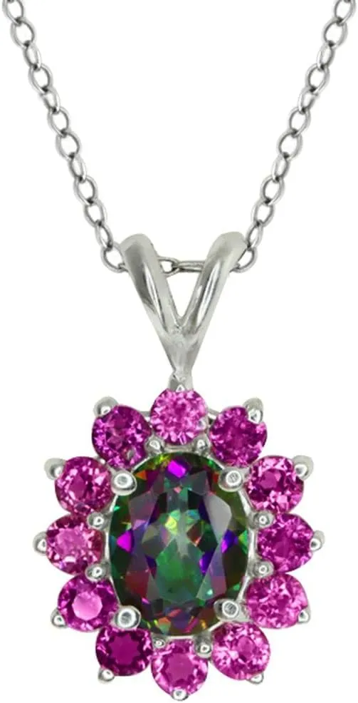 Silver Green Mystic Topaz and Pink Sapphire Pendant Necklace For Women (2.56 Cttw, Gemstone Birthstone, Oval 8X6MM, with 18 Inch Chain) Gem emigrate Stone King 925 Sterling 