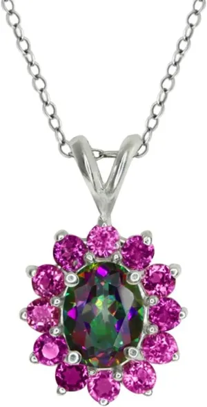 Silver Green Mystic Topaz and Pink Sapphire Pendant Necklace For Women (2.56 Cttw, Gemstone Birthstone, Oval 8X6MM, with 18 Inch Chain) Gem emigrate Stone King 925 Sterling 