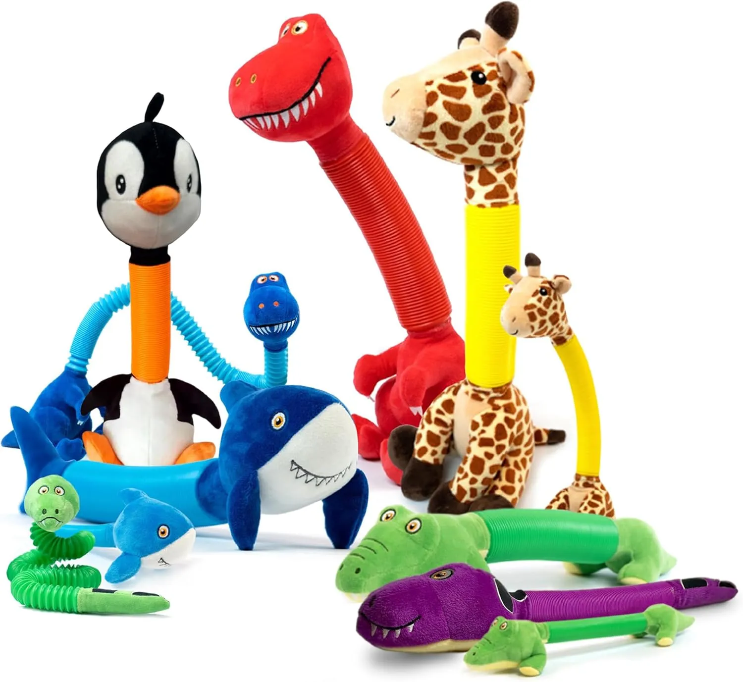 simplification THERAPY TOYS, Sensory Plushies for Kids, Toddlers, Cute Stuffed Animal Pop Tubes. Large 4 PK - Shark, Snake, Penguin, Alligator, 16"TO 32" EXPANSION! POP TUBES TOOBIMALS, PHYSICAL THERAPY/OCCUPATIONAL 