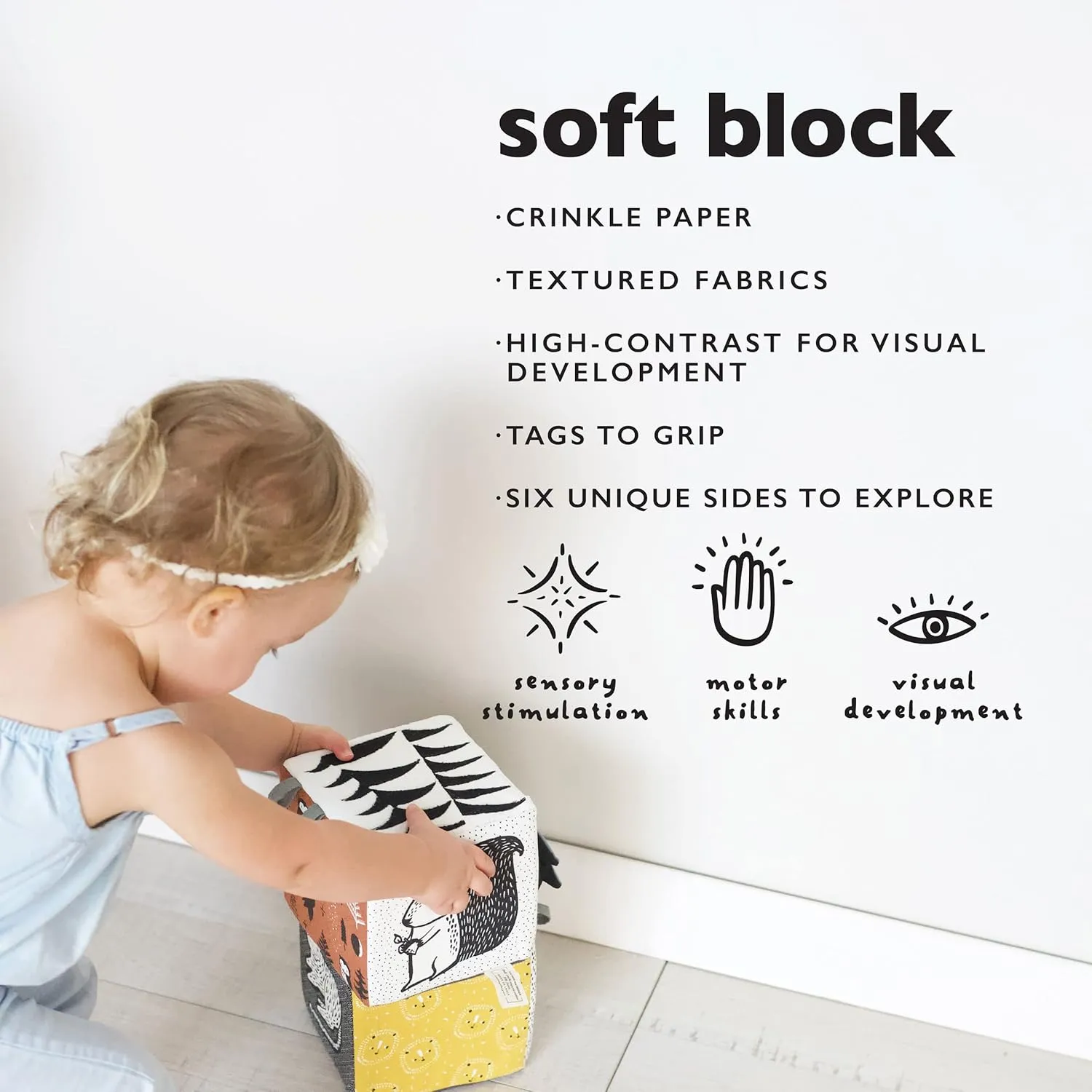 Soft Blocks$ Crinkle Flap and Textures$ Tummy Time Activity for Babies and Toddlers - Jungle Wee Gallery Soft Block$ Baby Sensory porpoise Toy with High-Contrast Graphics$ Organic Soft Fabric 