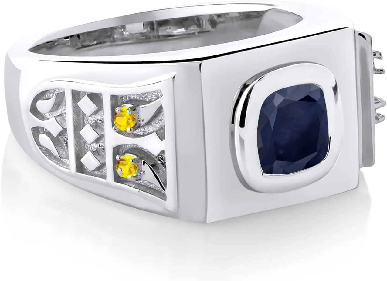 Stone King 2.86 Ct directive unemployed skill cloth Cushion Blue Sapphire Yellow Sapphire 925 Sterling Silver Men's Ring Gem 