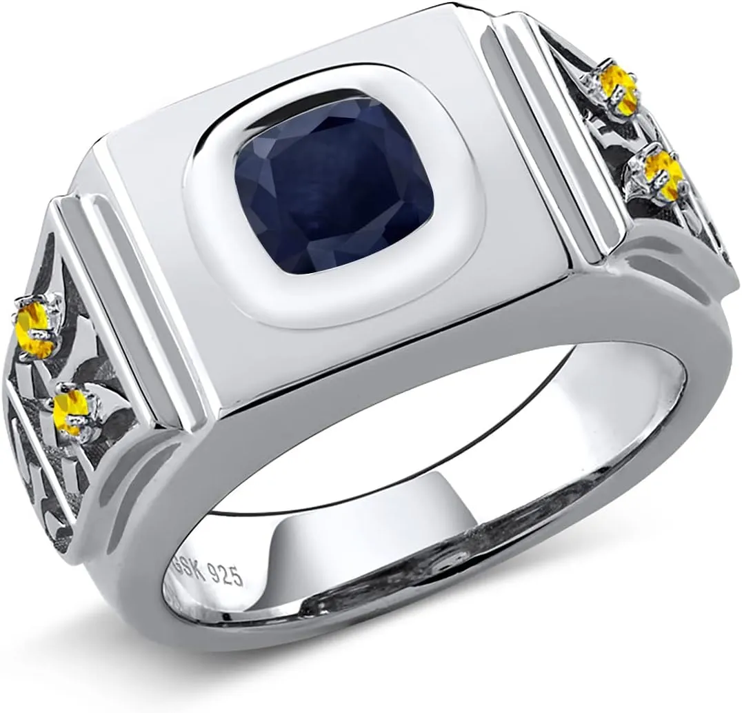 Stone King 2.86 Ct directive unemployed skill cloth Cushion Blue Sapphire Yellow Sapphire 925 Sterling Silver Men's Ring Gem 