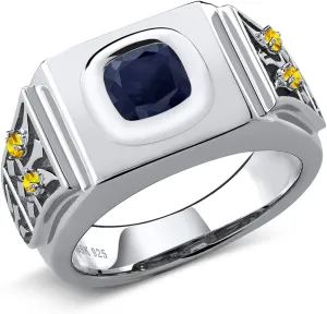 Stone King 2.86 Ct directive unemployed skill cloth Cushion Blue Sapphire Yellow Sapphire 925 Sterling Silver Men's Ring Gem 