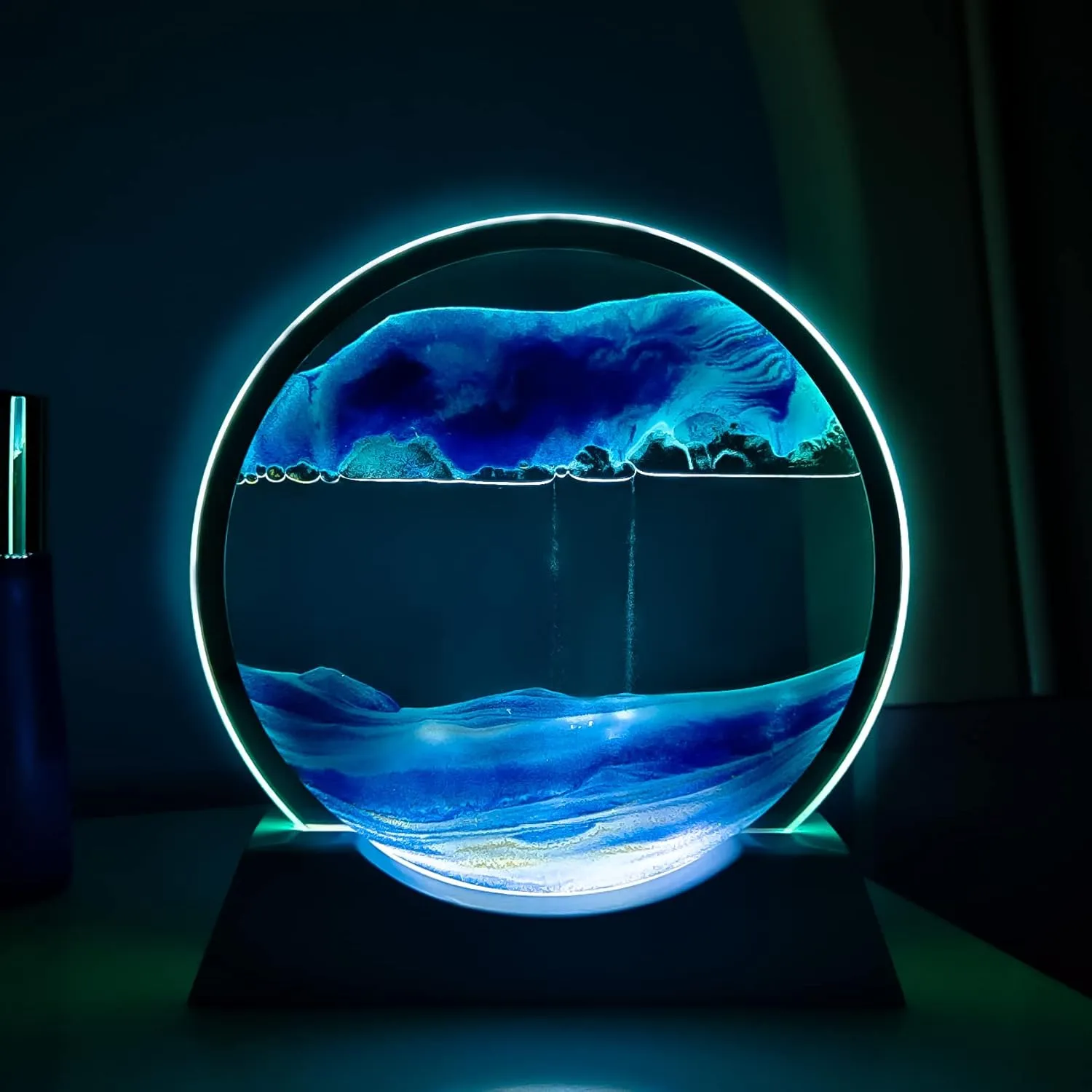 Table Lamp for Desk Toys Home Decor Creative Gift(Blue) Sand Art Liquid Motion with Light White Wood Base Moving Sand Art Round Glass Flow Sand Painting 3 Color Changing Deep hook sulfate criterion Sea Sandscape 