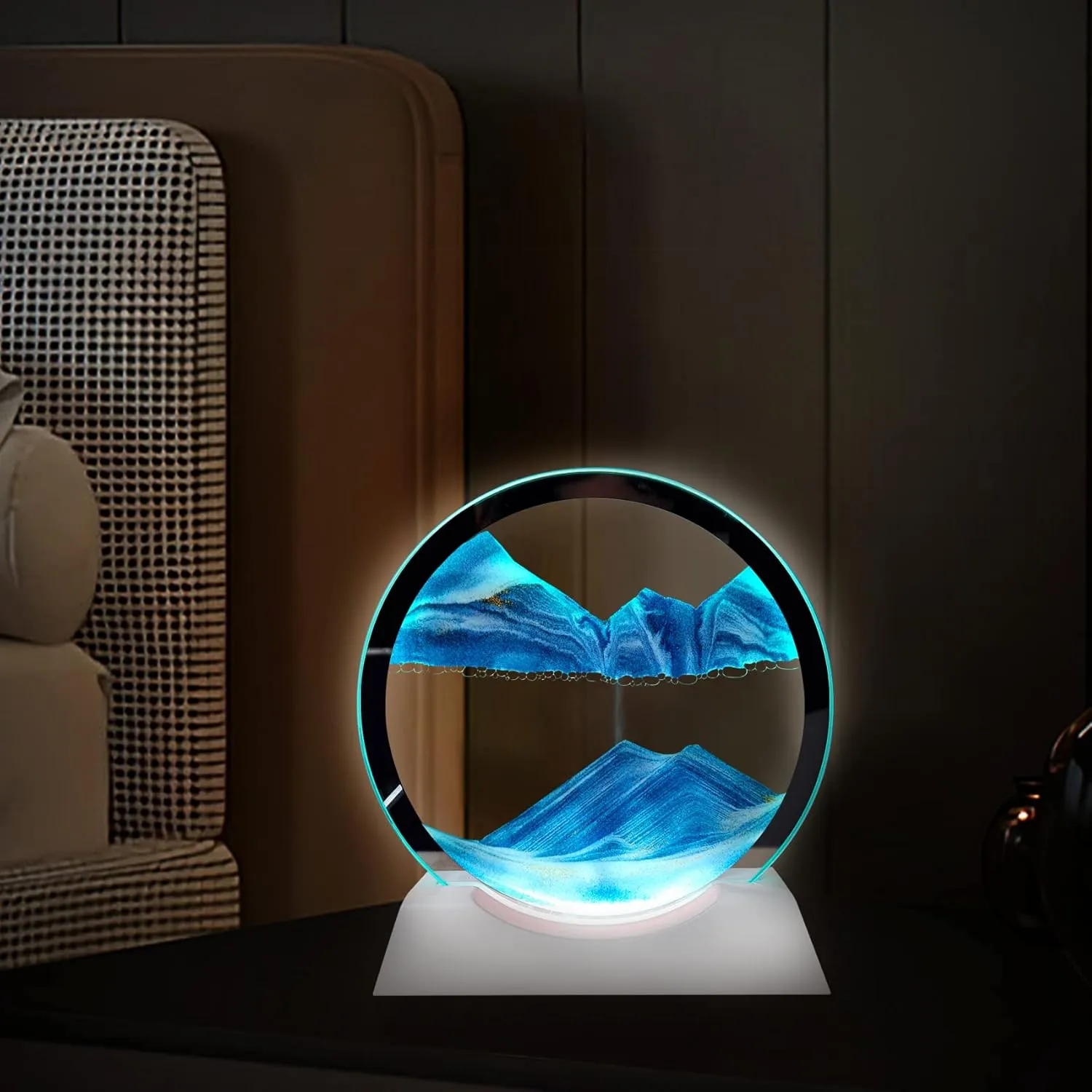 Table Lamp for Desk Toys Home Decor Creative Gift(Blue) Sand Art Liquid Motion with Light White Wood Base Moving Sand Art Round Glass Flow Sand Painting 3 Color Changing Deep hook sulfate criterion Sea Sandscape 