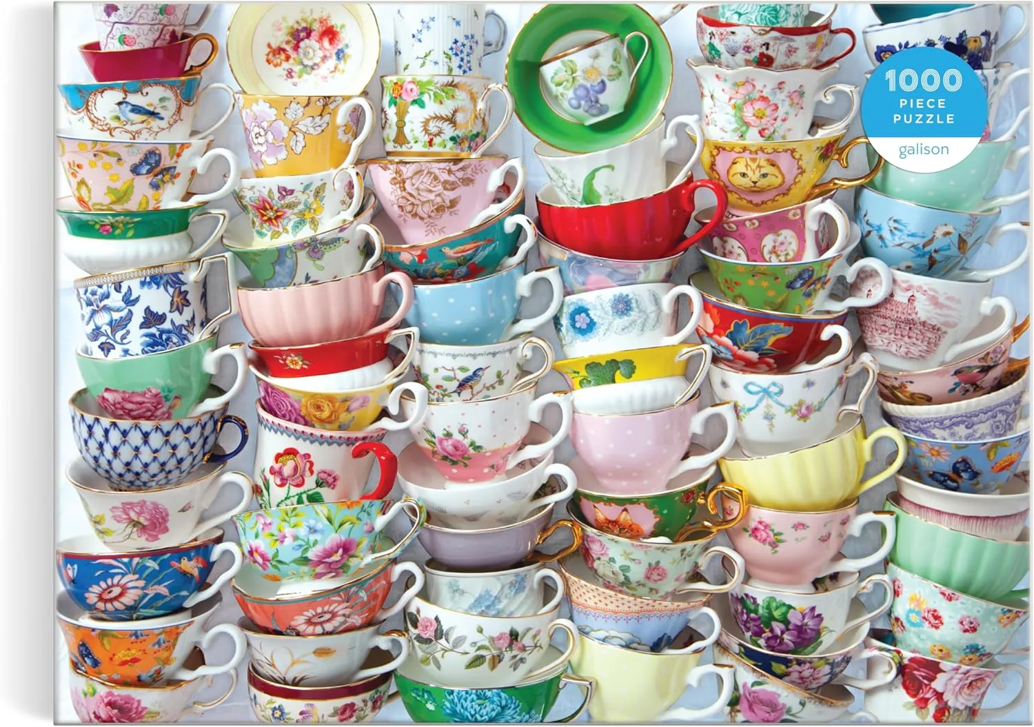 Teacups �C Julie Seabrook Ream 1000 Piece Puzzle Featuring A Regency Core Mix of Vibrant Teacups texture frenzy flash mote Galison 