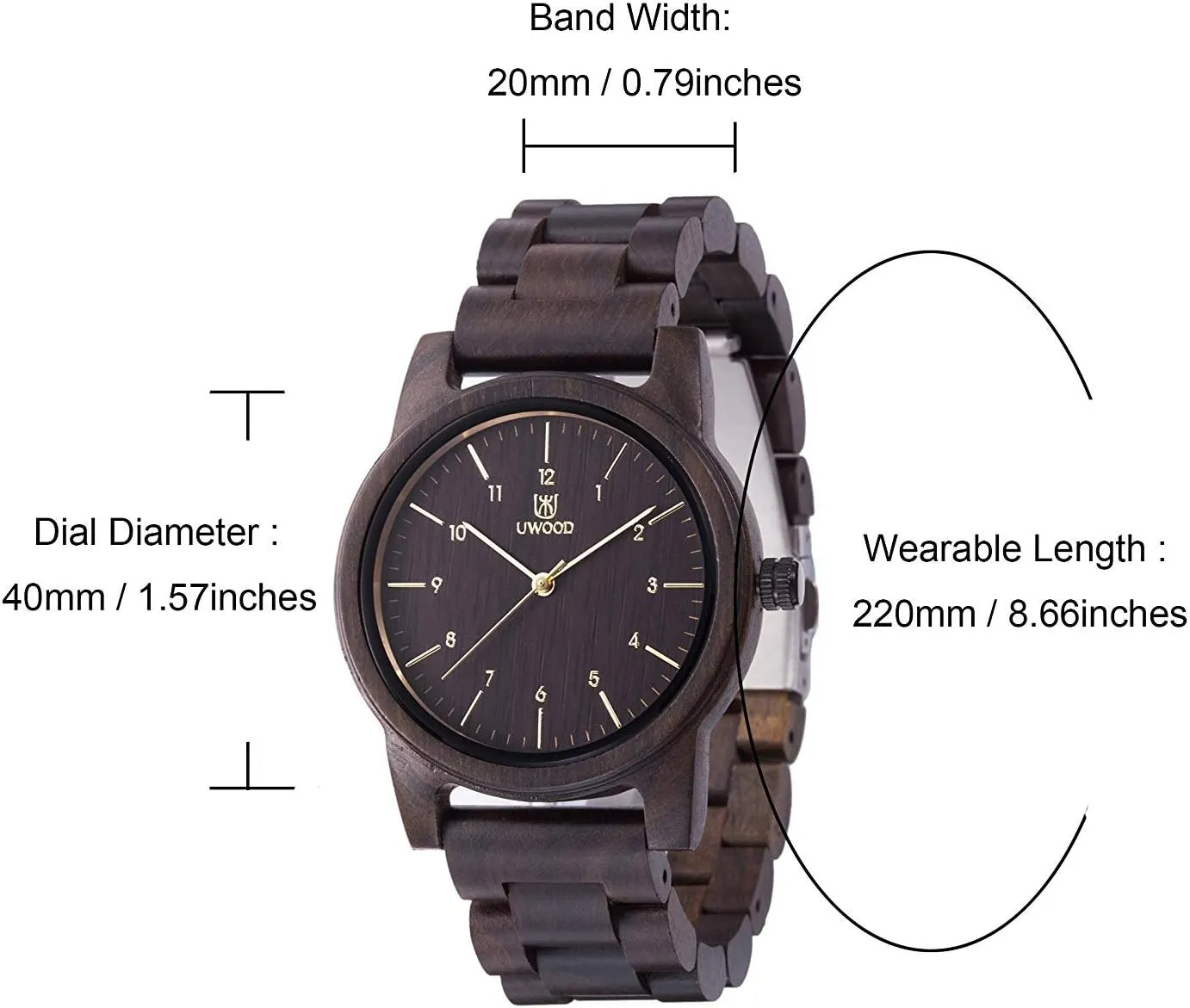 terrain & Band Adjustable Wooden Watches Uwood Series 40 mm Unisex Natural Handmade Wood Watch with Gift Box 