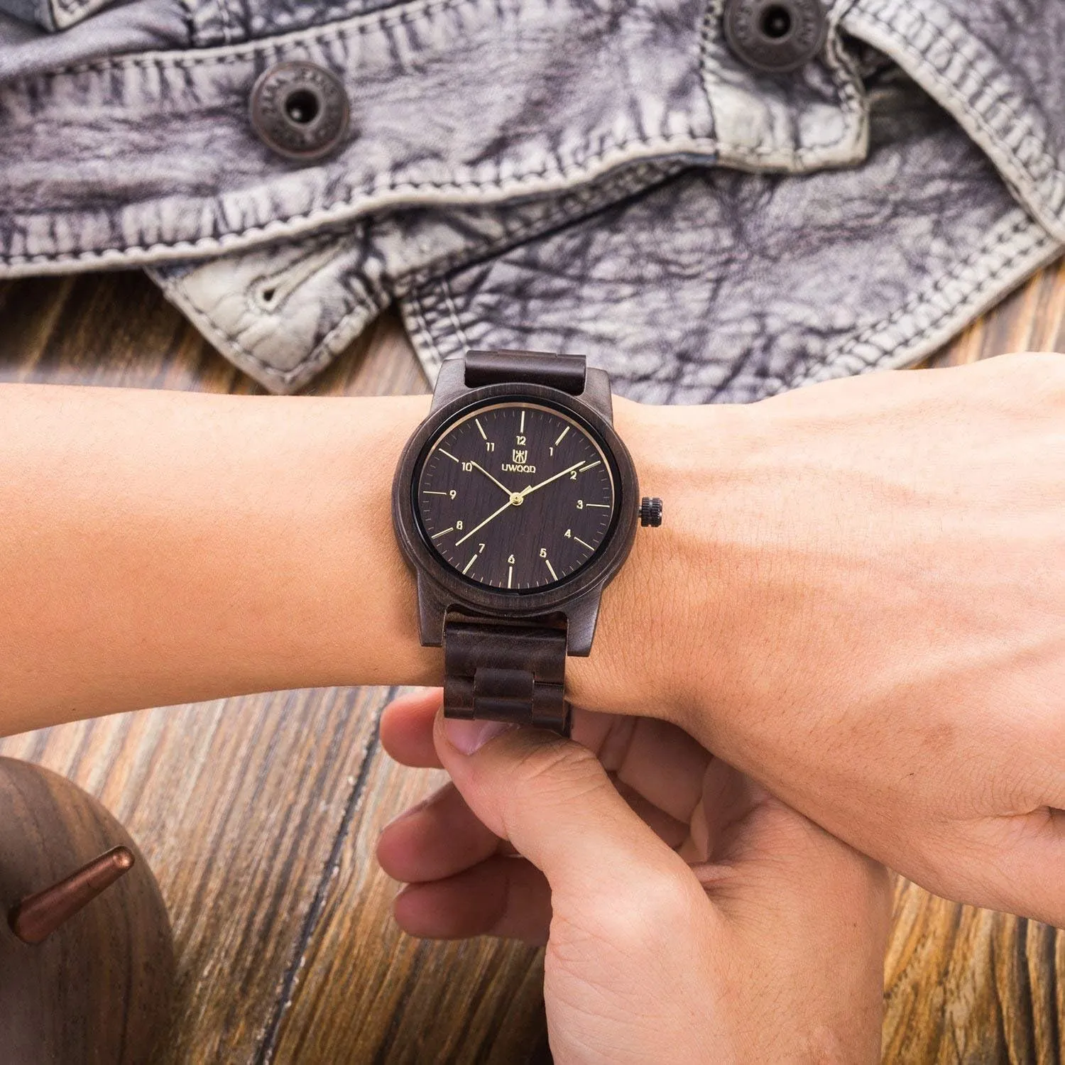 terrain & Band Adjustable Wooden Watches Uwood Series 40 mm Unisex Natural Handmade Wood Watch with Gift Box 