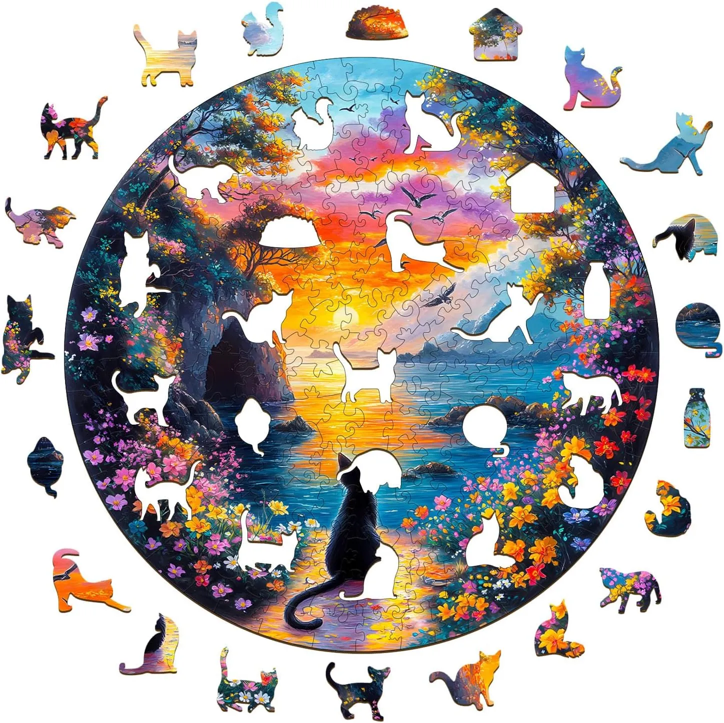 Thanksgiving Gifts for Friends stratification Family (L-13.4 * 13.4in-300pcs) Jigfoxy Wooden Puzzle for Adults, Kitten Wooden Jigsaw Puzzles for Adult, Unique Cat Shape Wood Cut Puzzles, Christmas 