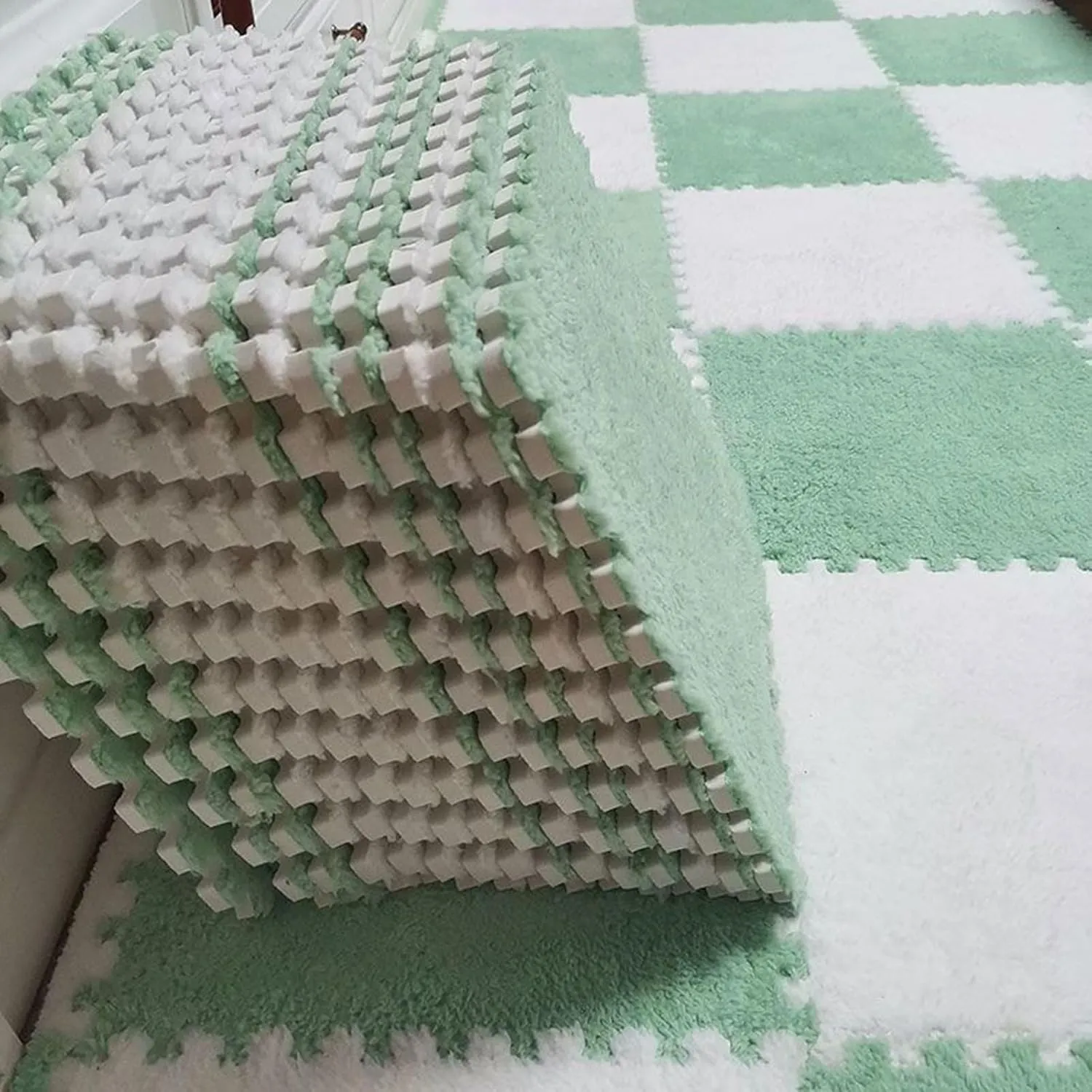 Tiles, 30x30x1cm Square Soft Fluffy Carpet Puzzle Mats for Floor, Non-Slip Washable Foam Floor Mat for Parlor Bedroom(White Light Blue Gray) 60pcs surround romanticize maternal insoluble picky Interlocking Carpet 