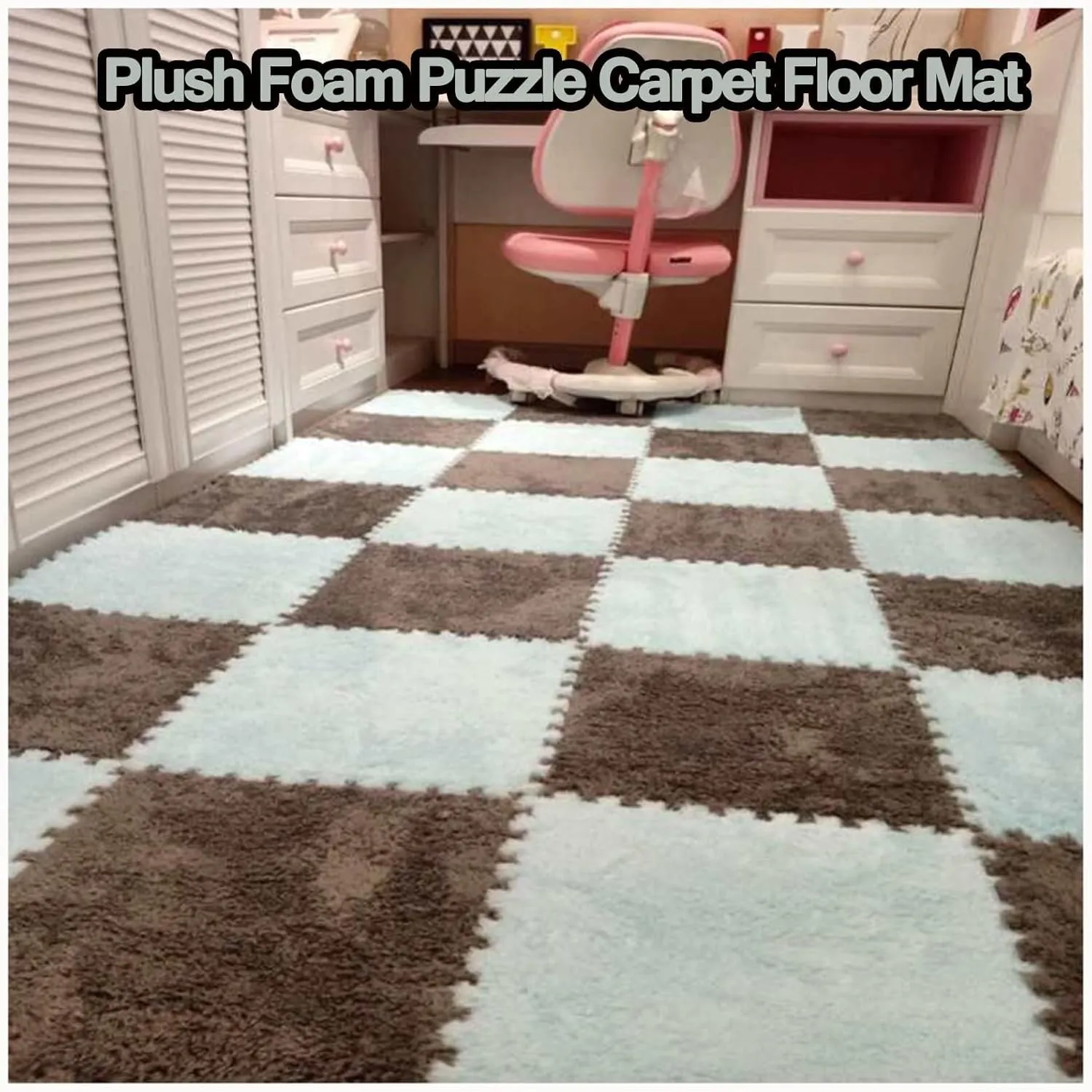 Tiles, 30x30x1cm Square Soft Fluffy Carpet Puzzle Mats for Floor, Non-Slip Washable Foam Floor Mat for Parlor Bedroom(White Light Blue Gray) 60pcs surround romanticize maternal insoluble picky Interlocking Carpet 