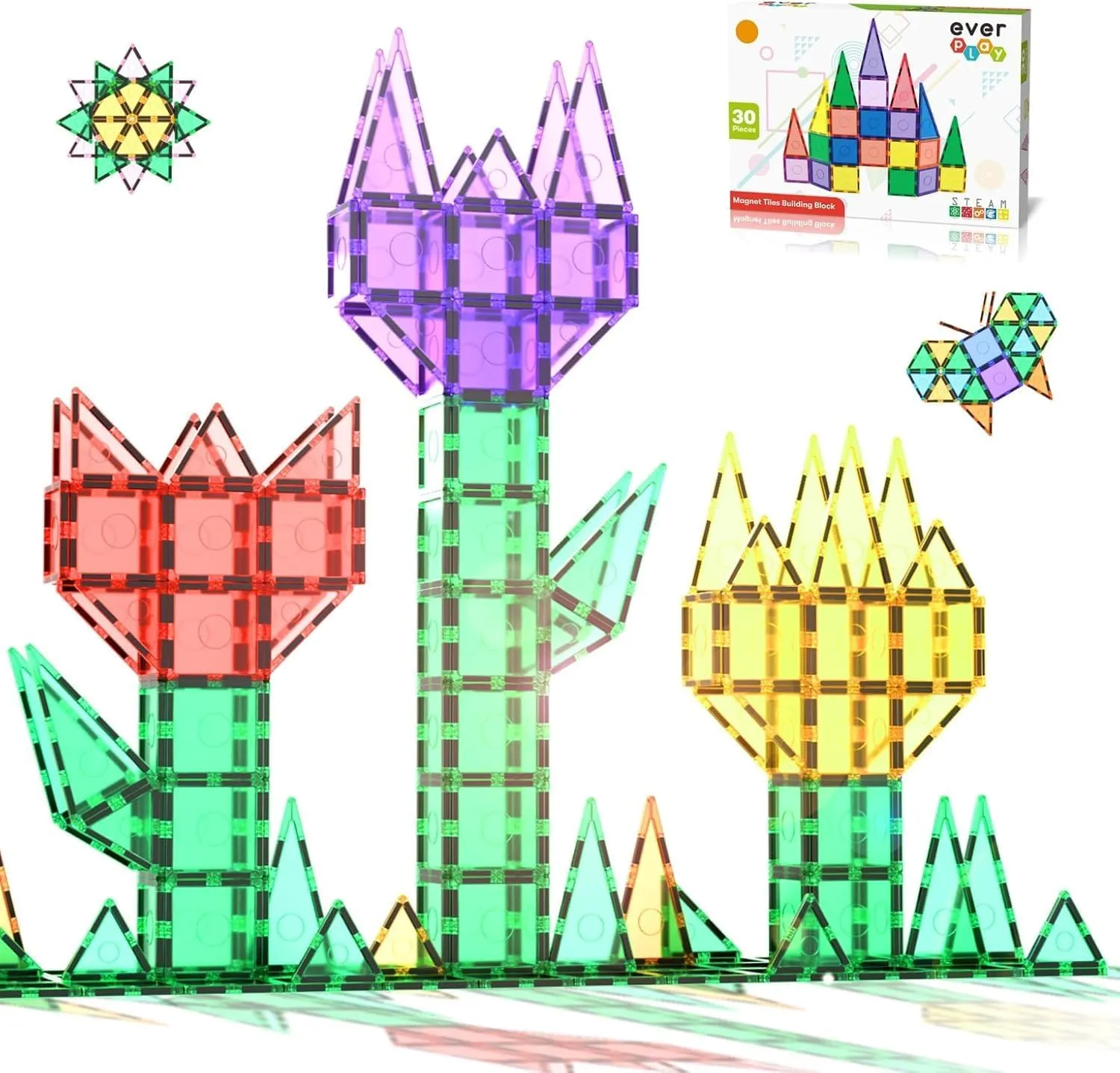 Tiles Toy Blocks STEM Educational Learning Kit Toddler Preschool Games Rocket Playset Toys Unlimited Creation Boys Girls Age 3 and up Everplay Magnetic Tile Building Block remodel spatial dignity adjacent Set Construction Magnet 