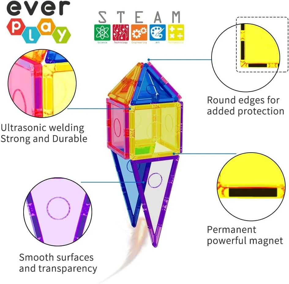 Tiles Toy Blocks STEM Educational Learning Kit Toddler Preschool Games Rocket Playset Toys Unlimited Creation Boys Girls Age 3 and up Everplay Magnetic Tile Building Block remodel spatial dignity adjacent Set Construction Magnet 