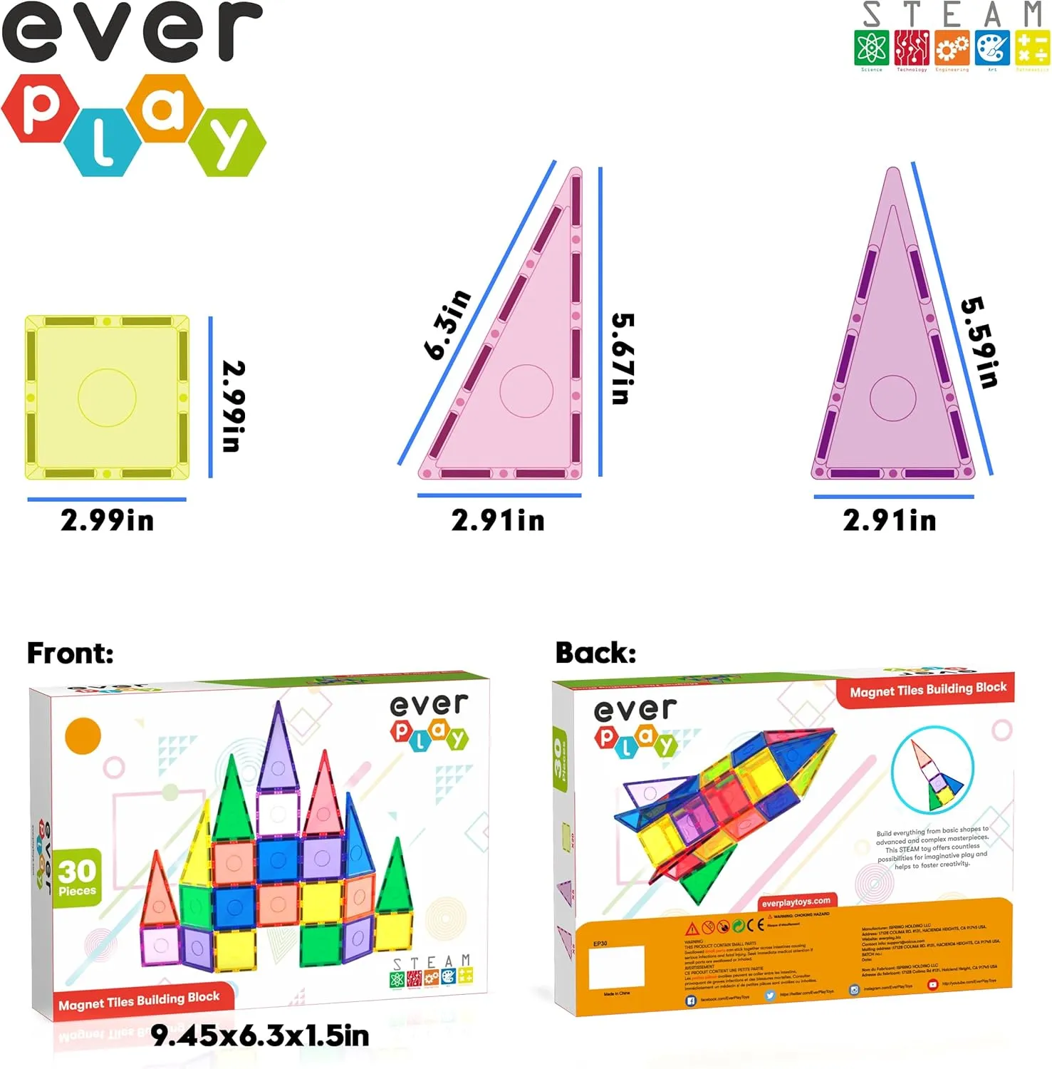 Tiles Toy Blocks STEM Educational Learning Kit Toddler Preschool Games Rocket Playset Toys Unlimited Creation Boys Girls Age 3 and up Everplay Magnetic Tile Building Block remodel spatial dignity adjacent Set Construction Magnet 