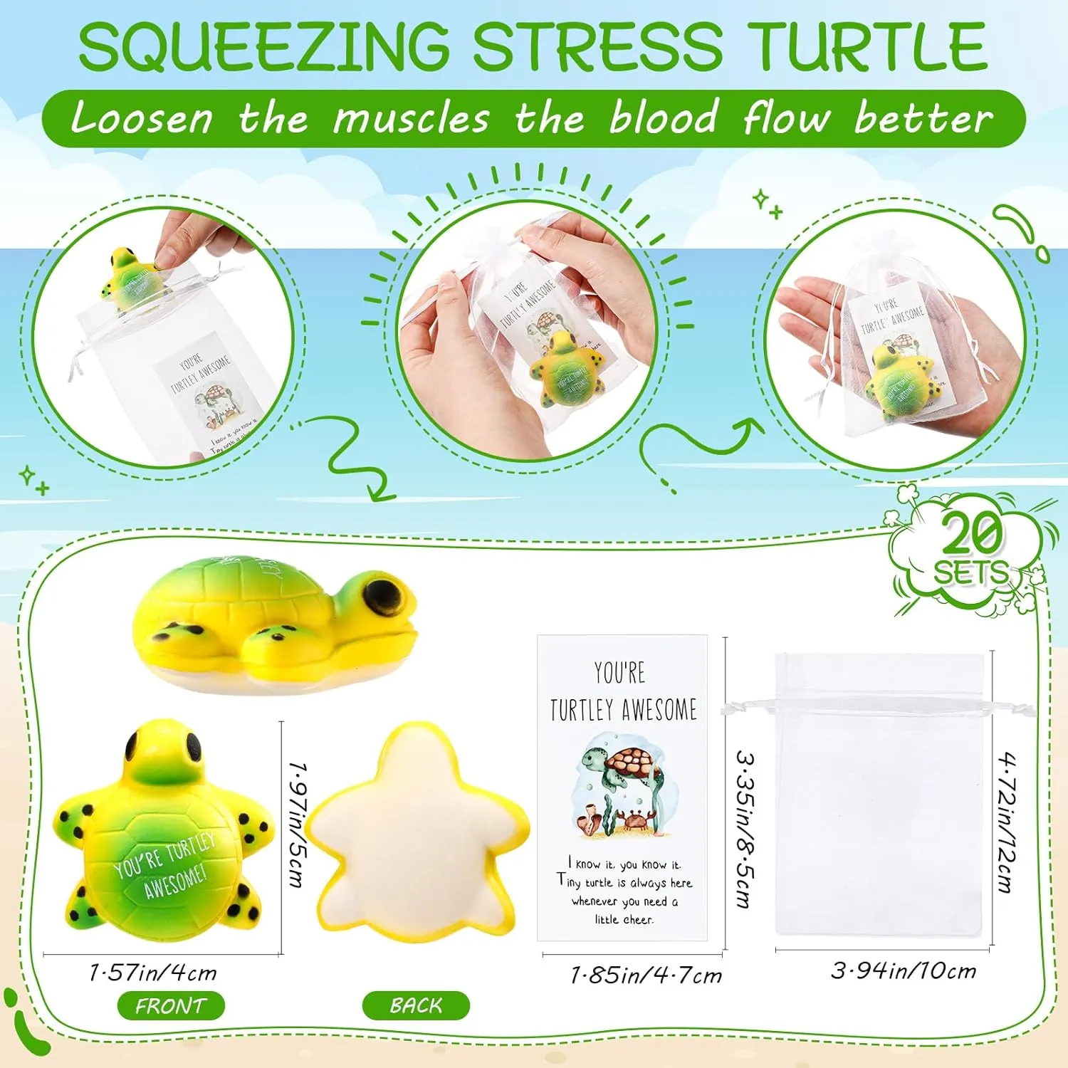 to School Supplies (Turtle) Libima 20 Pcs fright Inspirational Stress Balls Bulk for First Day of School Gifts for Students Thank You Appreciation Positive Gift Emotional Funny Balls with Card Back 