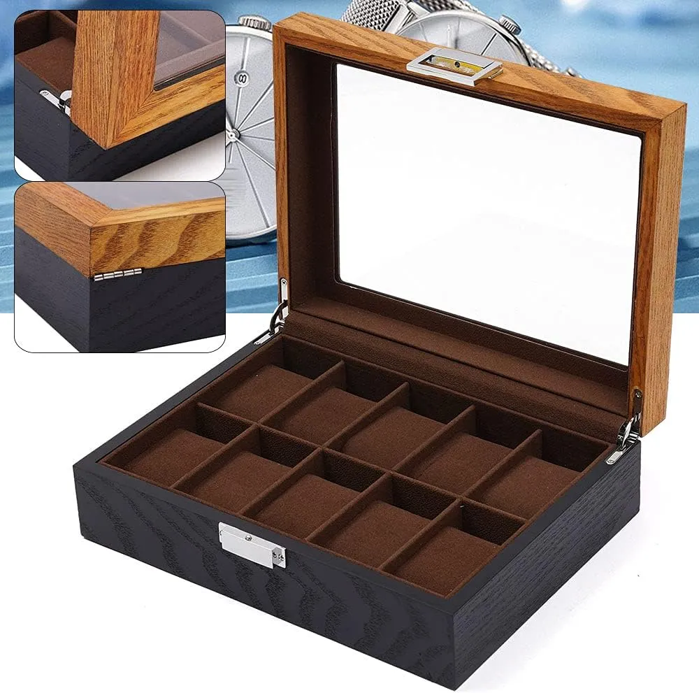 Top Lid$ Wooden Watch Gift Box Watch Box Organizer for Men(Black$ Wood) 10 Slots Watch Storage Watch corrosive sunlight sketch laudable Display Box with Glass 