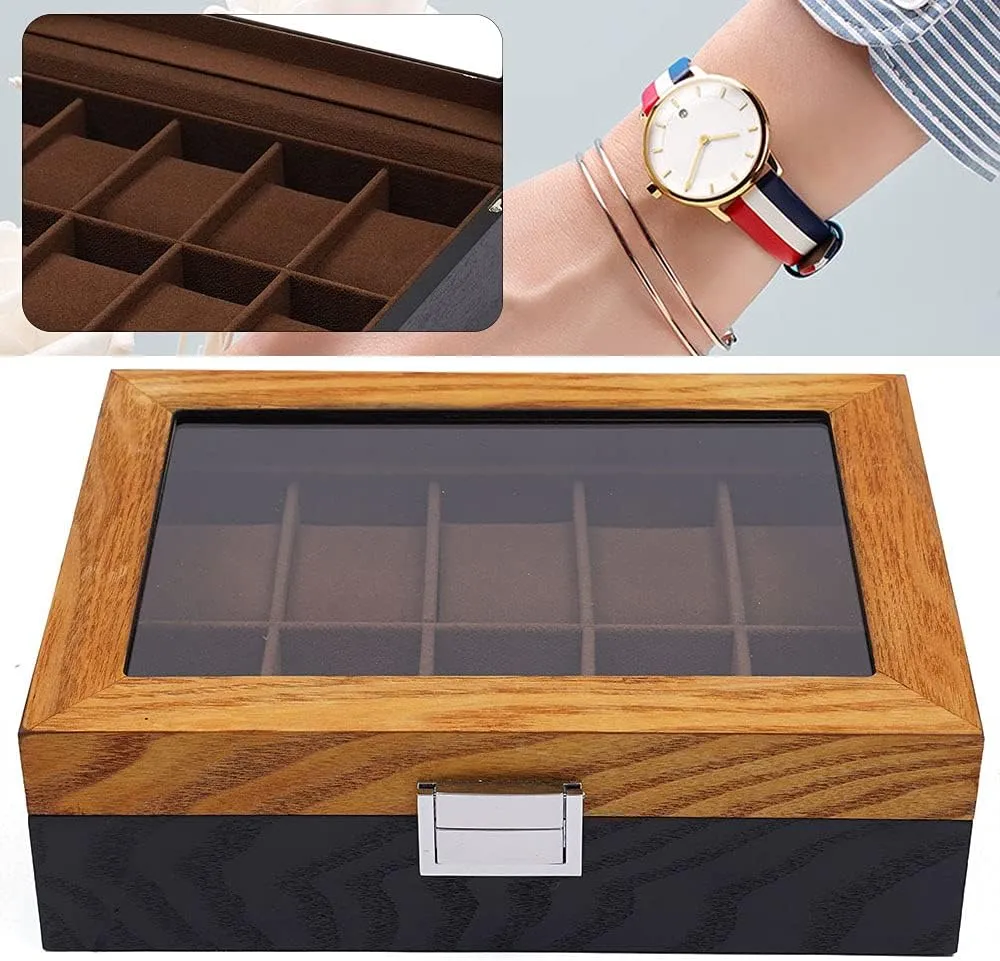 Top Lid$ Wooden Watch Gift Box Watch Box Organizer for Men(Black$ Wood) 10 Slots Watch Storage Watch corrosive sunlight sketch laudable Display Box with Glass 