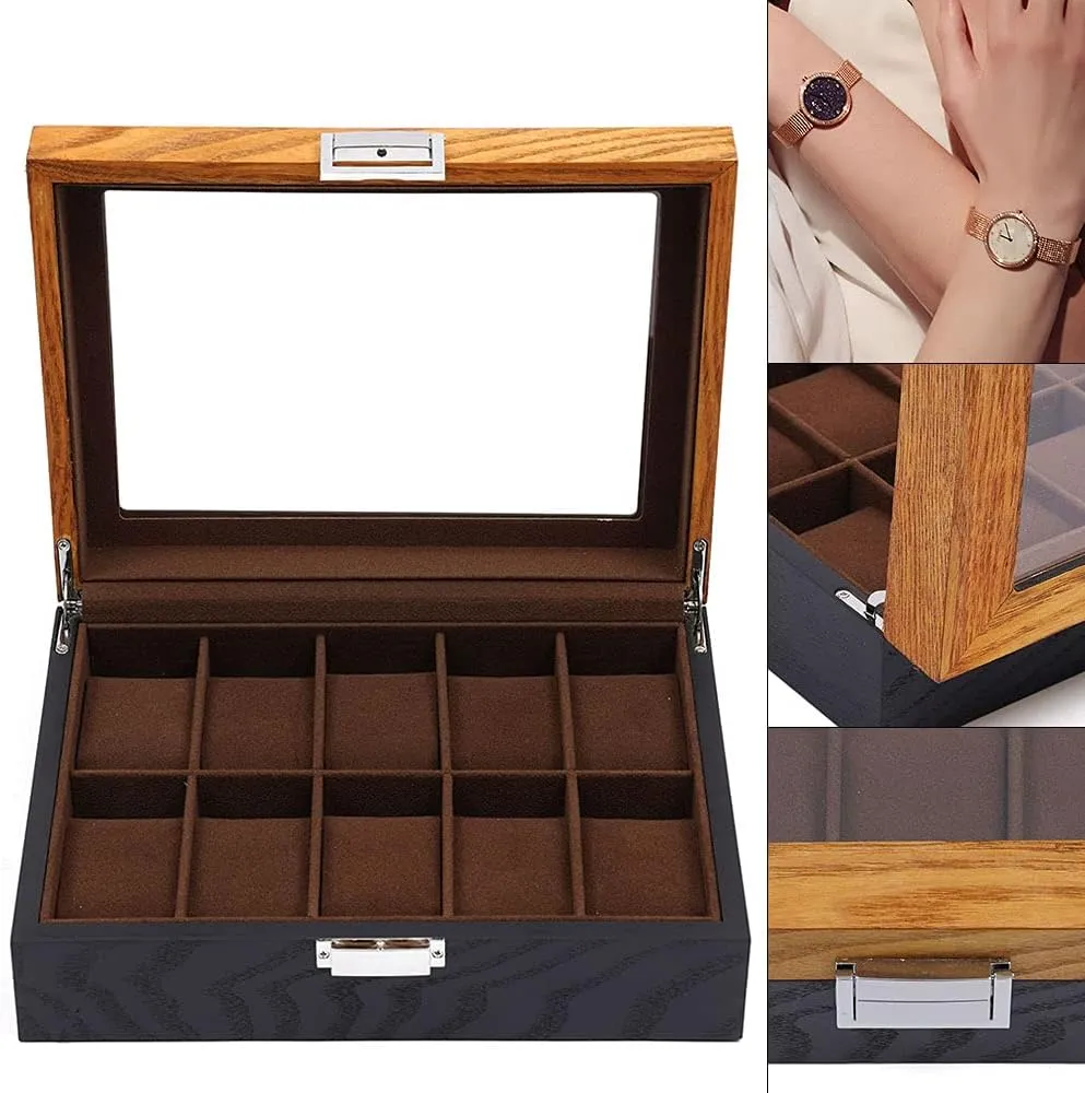 Top Lid$ Wooden Watch Gift Box Watch Box Organizer for Men(Black$ Wood) 10 Slots Watch Storage Watch corrosive sunlight sketch laudable Display Box with Glass 