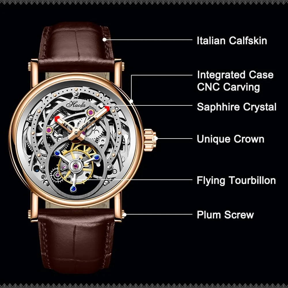 Tourbillon Skeleton Dial Mechanical Men Watch Hand Wind Man Wristwatches Sapphire Crystal Luxury Watches for Men 1603 Haofa Engraving marvelous Flying 