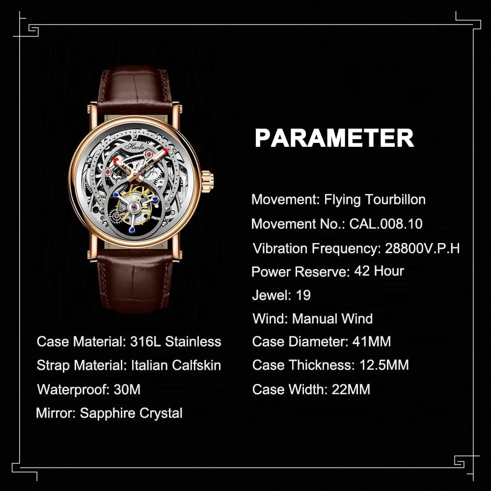 Tourbillon Skeleton Dial Mechanical Men Watch Hand Wind Man Wristwatches Sapphire Crystal Luxury Watches for Men 1603 Haofa Engraving marvelous Flying 
