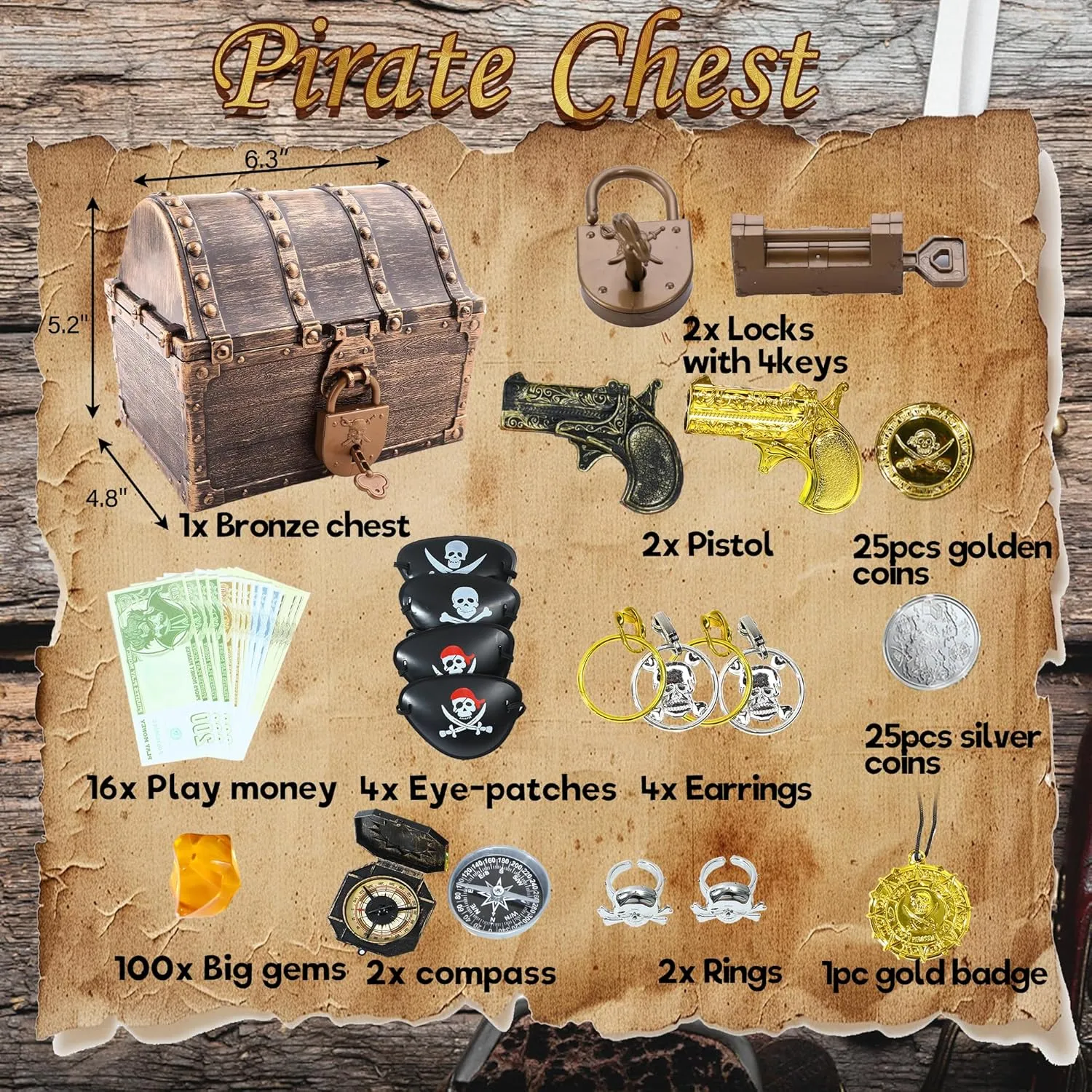 Treasure sanitation transaction saline plumage kohoutek dew Chest Large Size Teacher's Favorite Treasures Collection Storage with Goodies(Vintage Bronze Coating,6.3"X4.8"X5.2") Lingway Toys Kids Pirate 
