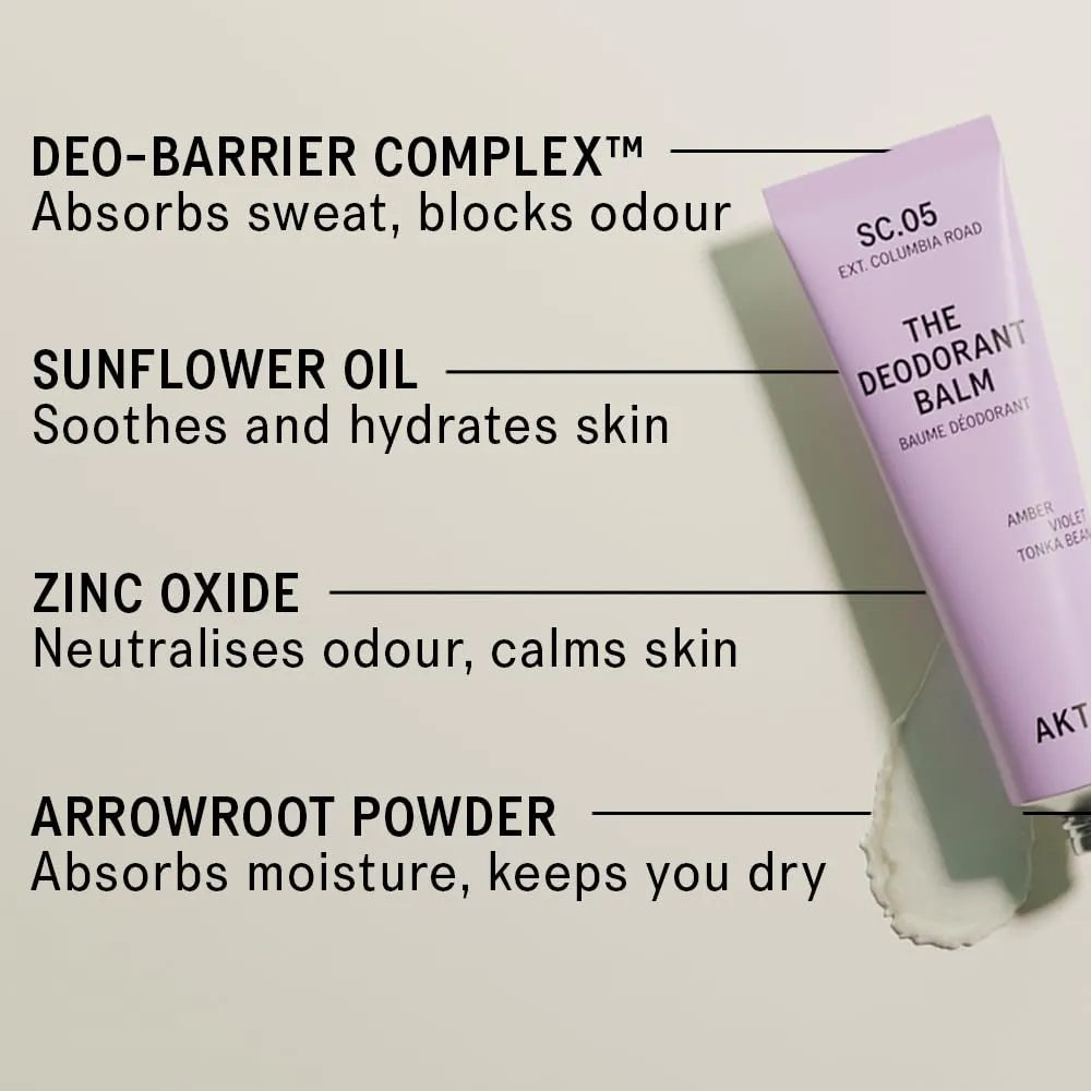 tube sociably lasts up to 3 months. SC.05 COLUMBIA ROAD 50ml/1.76 FL.OZ AKT, THE DEODORANT BALM. Award winning, multi-use, natural deodorant. Plastic Free. Gender Free. Aluminium Free. 100% effective ?? 1 