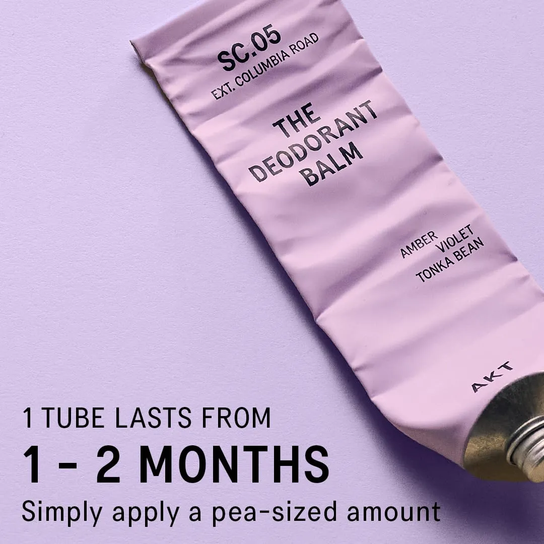 tube sociably lasts up to 3 months. SC.05 COLUMBIA ROAD 50ml/1.76 FL.OZ AKT, THE DEODORANT BALM. Award winning, multi-use, natural deodorant. Plastic Free. Gender Free. Aluminium Free. 100% effective ?? 1 