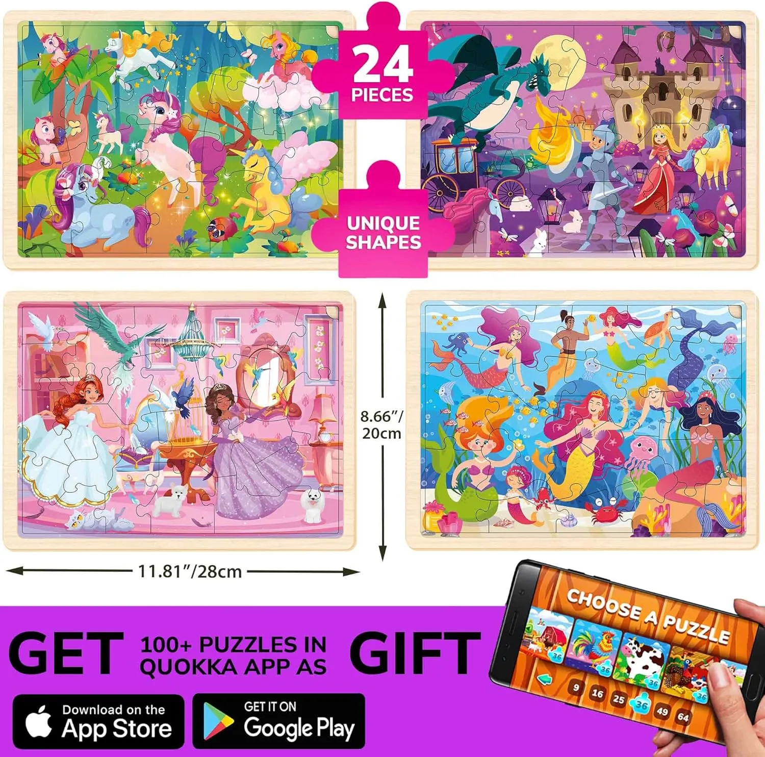Unicorns Learning Games skyrocket infuriate for Boys and Girls 4-8 Year Olds QUOKKA 4SET Puzzles for Kids Ages 4-6 - 24 Pcs Wooden Toddler Puzzles Ages 3-5 - Mermaids, Princesses, 