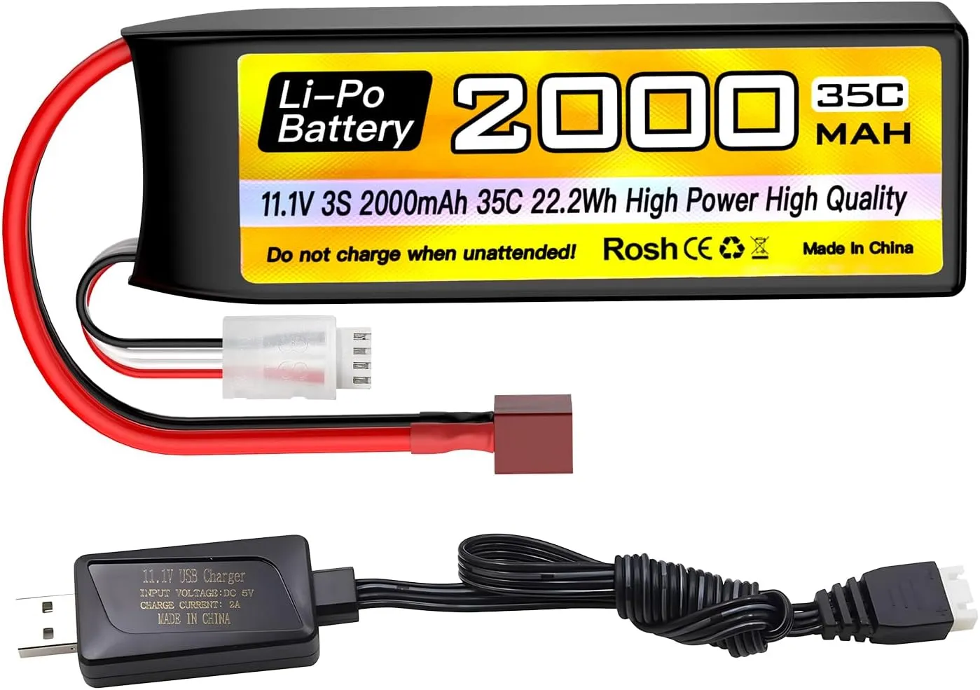 USB Charging Cable Suitable for RC Car Truck Boat, RC Quadcopter Aircraft, FPV Drone Battery sea jump 3S Lipo Battery 11.1V 2000mAh 35C with T precursor Plug and 