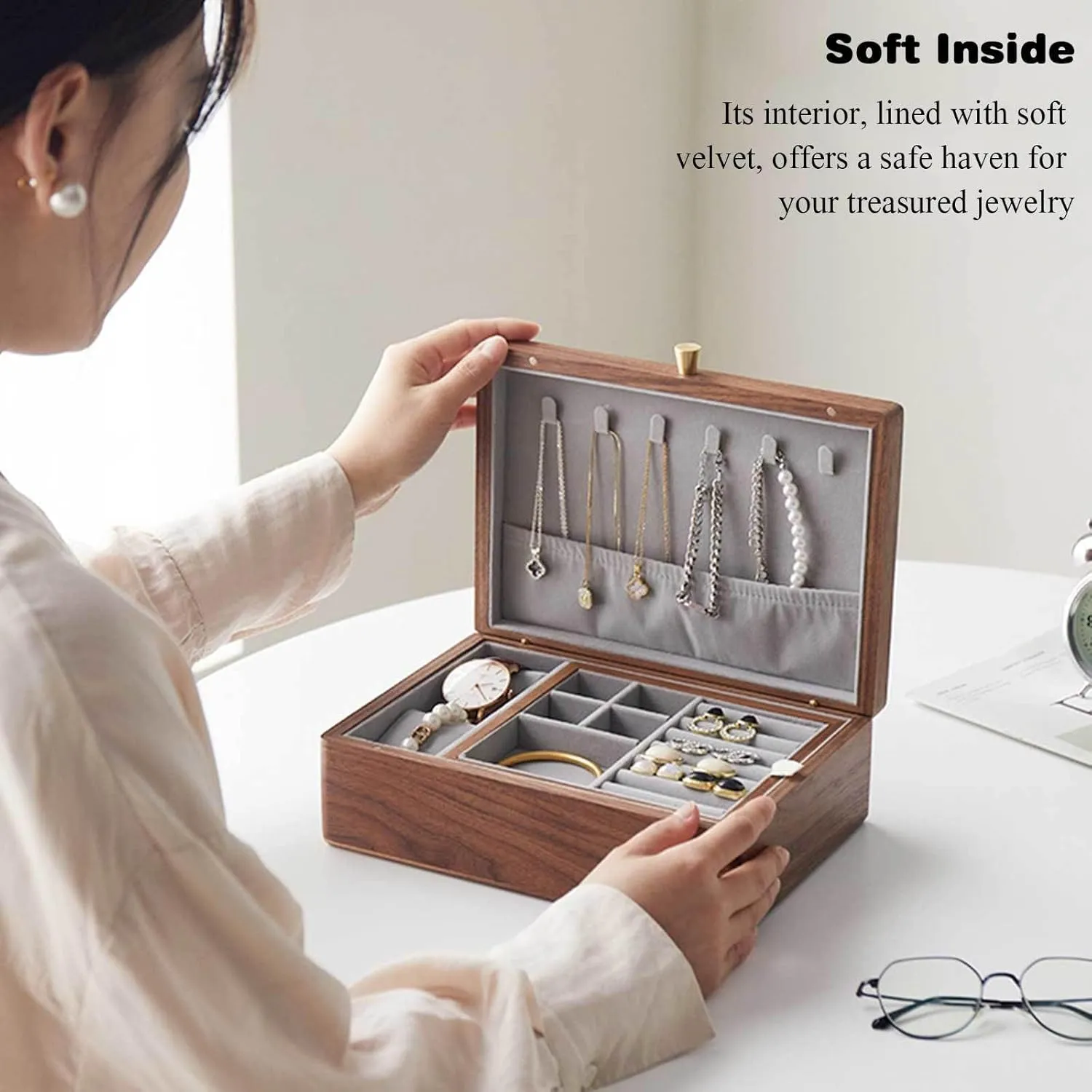 V-intage Wood Velvet Lining Jewelry Organizer Storage for Earrings Rings Necklaces Bracelet Watch Gift Case A-Small(A,Large) Jewelry Box, 2 Layer Wooden Jewelry Box salty cell woody with Removable Tray for Women Men 