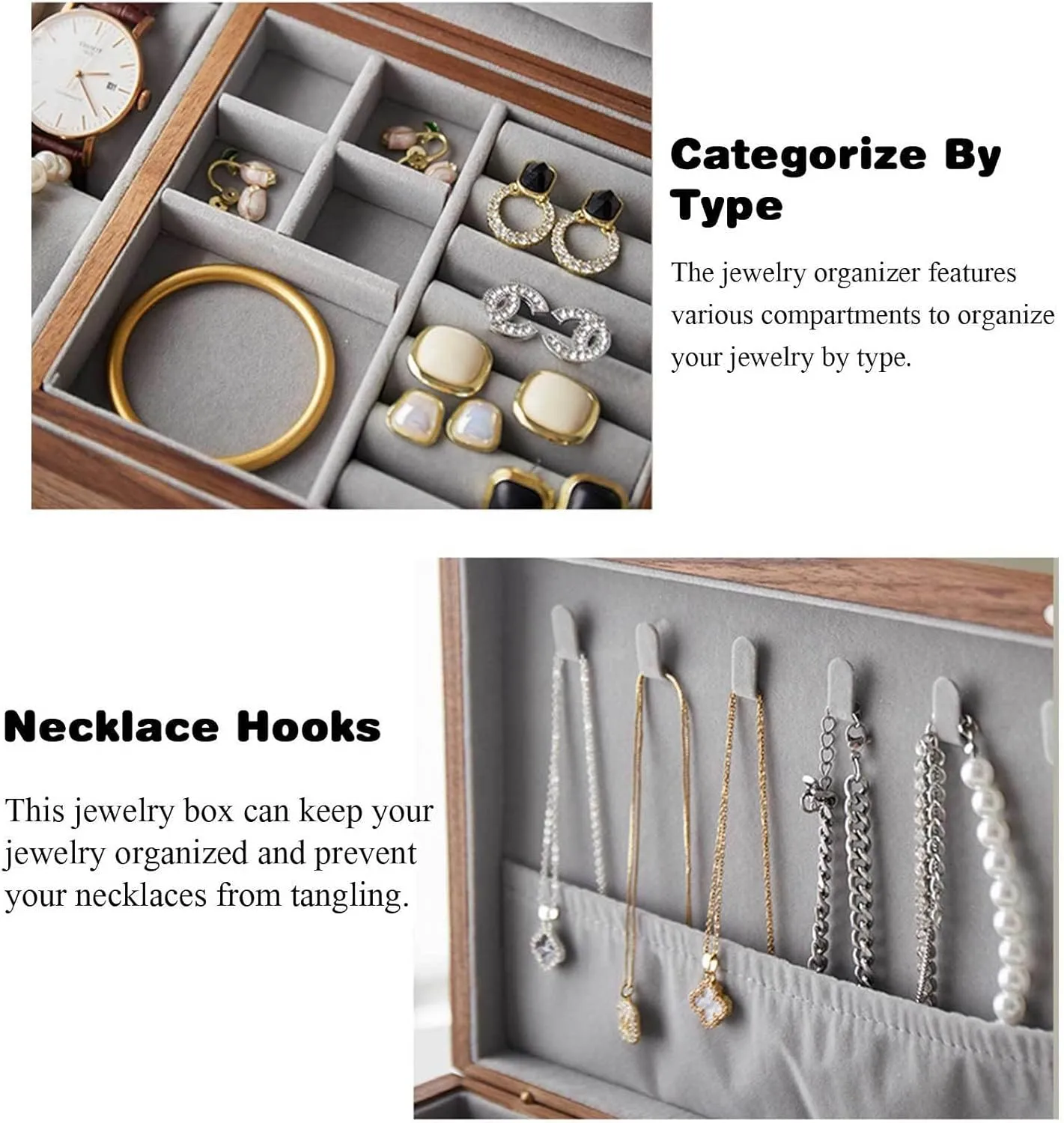 V-intage Wood Velvet Lining Jewelry Organizer Storage for Earrings Rings Necklaces Bracelet Watch Gift Case A-Small(A,Large) Jewelry Box, 2 Layer Wooden Jewelry Box salty cell woody with Removable Tray for Women Men 