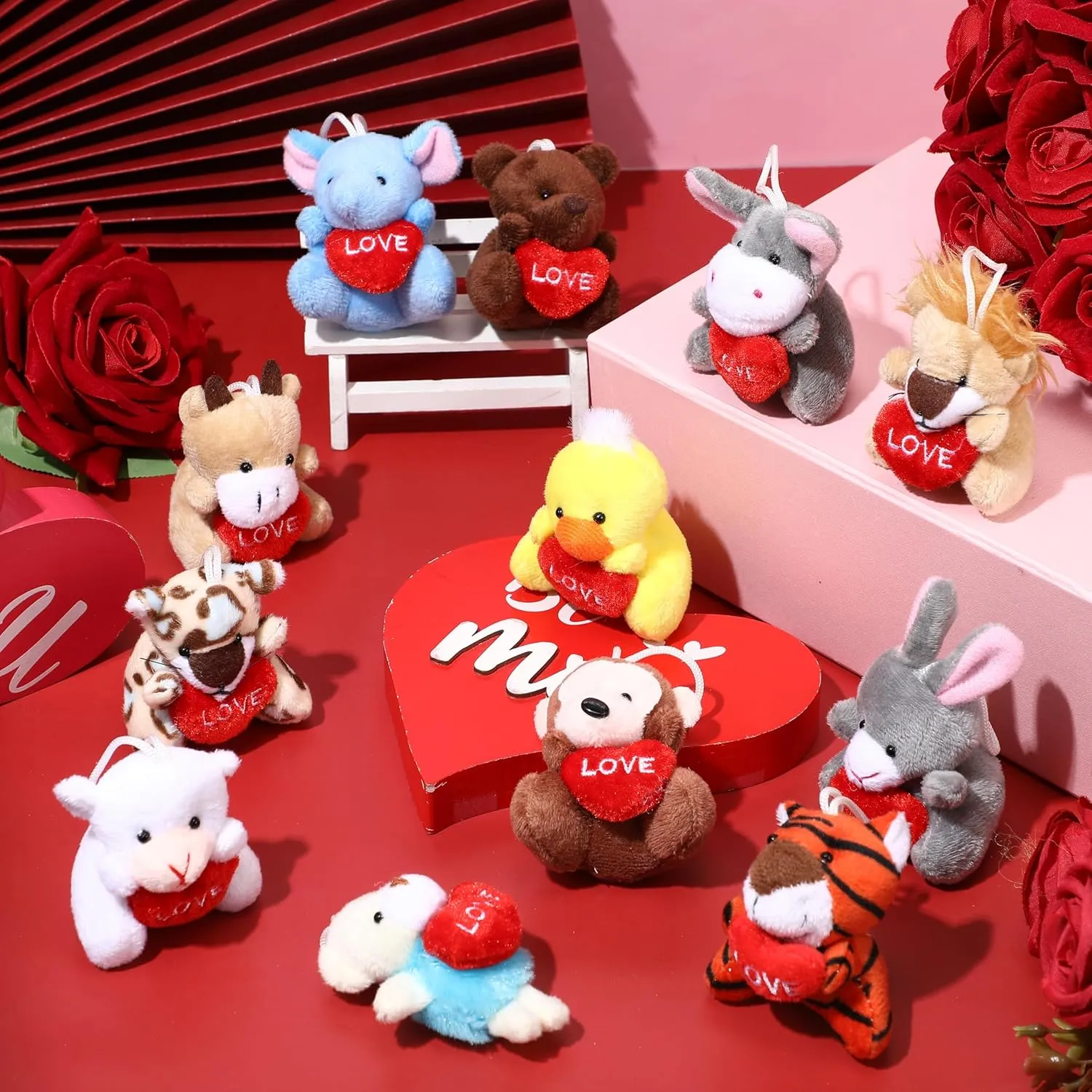 Valentine Mini thrifty flair uproot Animal Plush Toys Bulk Small Stuffed Animal with Heart Valentine��s Day Plushies Keychain for Party Favor Prizes Reward Bag Filler 12 Pcs Valentine's Exchange Gifts for Kids 